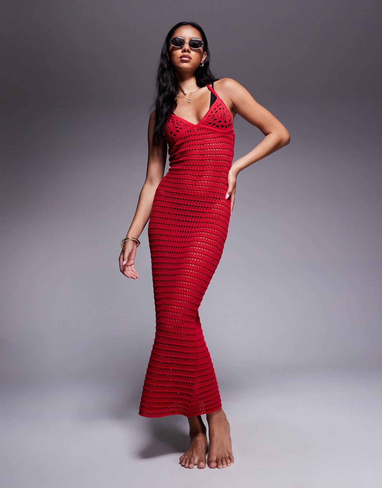 The Frolic exclusive crochet halterneck maxi dress in red
