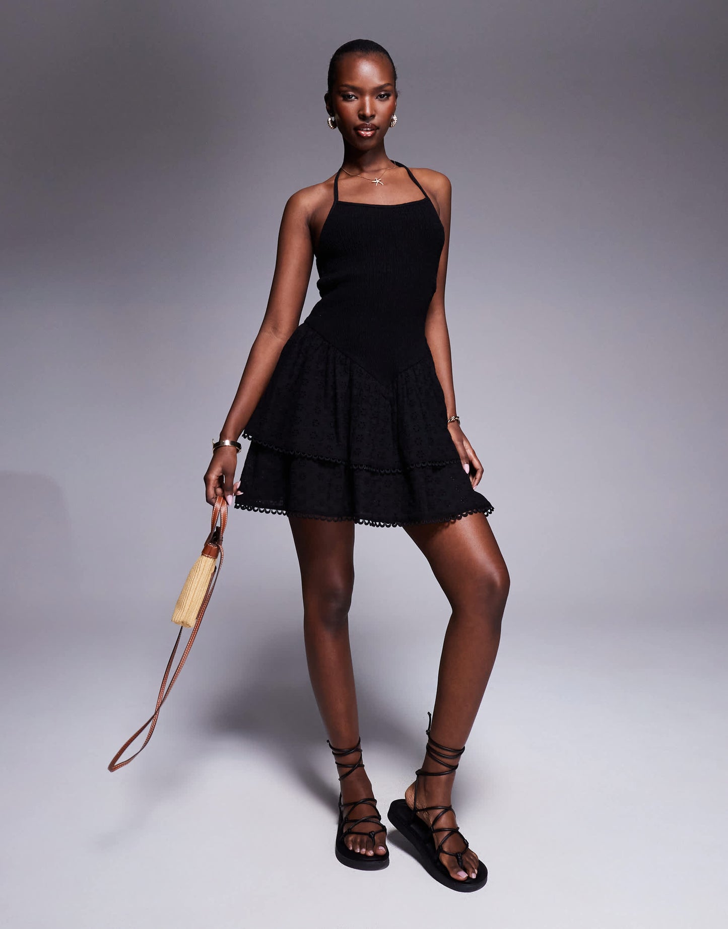 The Frolic exclusive linen blend broderie rara skirt mini dress in black