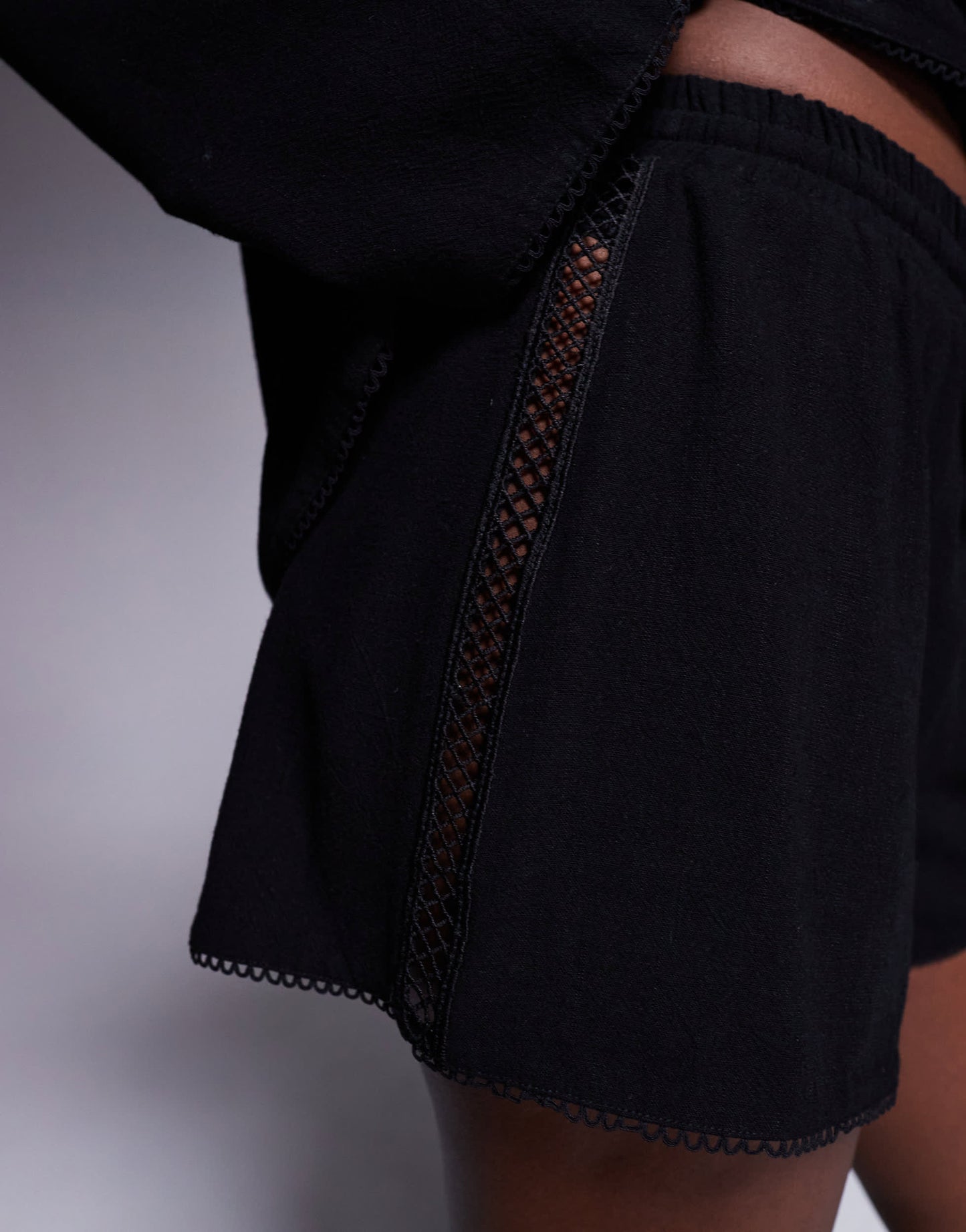 The Frolic exclusive linen blend lace trim short co-ord in black