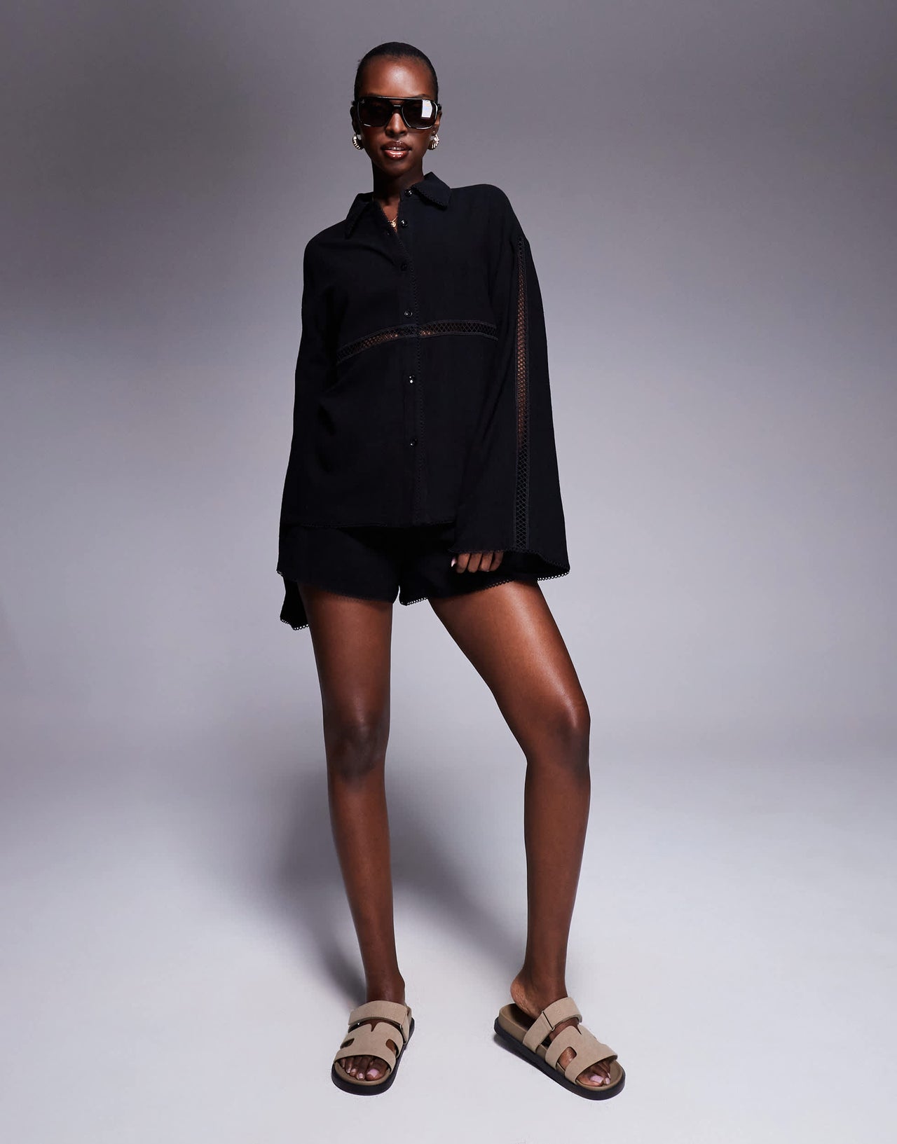 The Frolic exclusive linen blend lace trim short co-ord in black