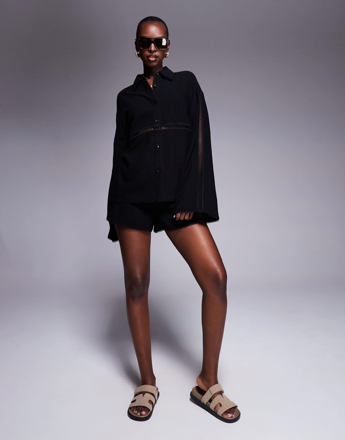 The Frolic exclusive linen blend lace trim short co-ord in black