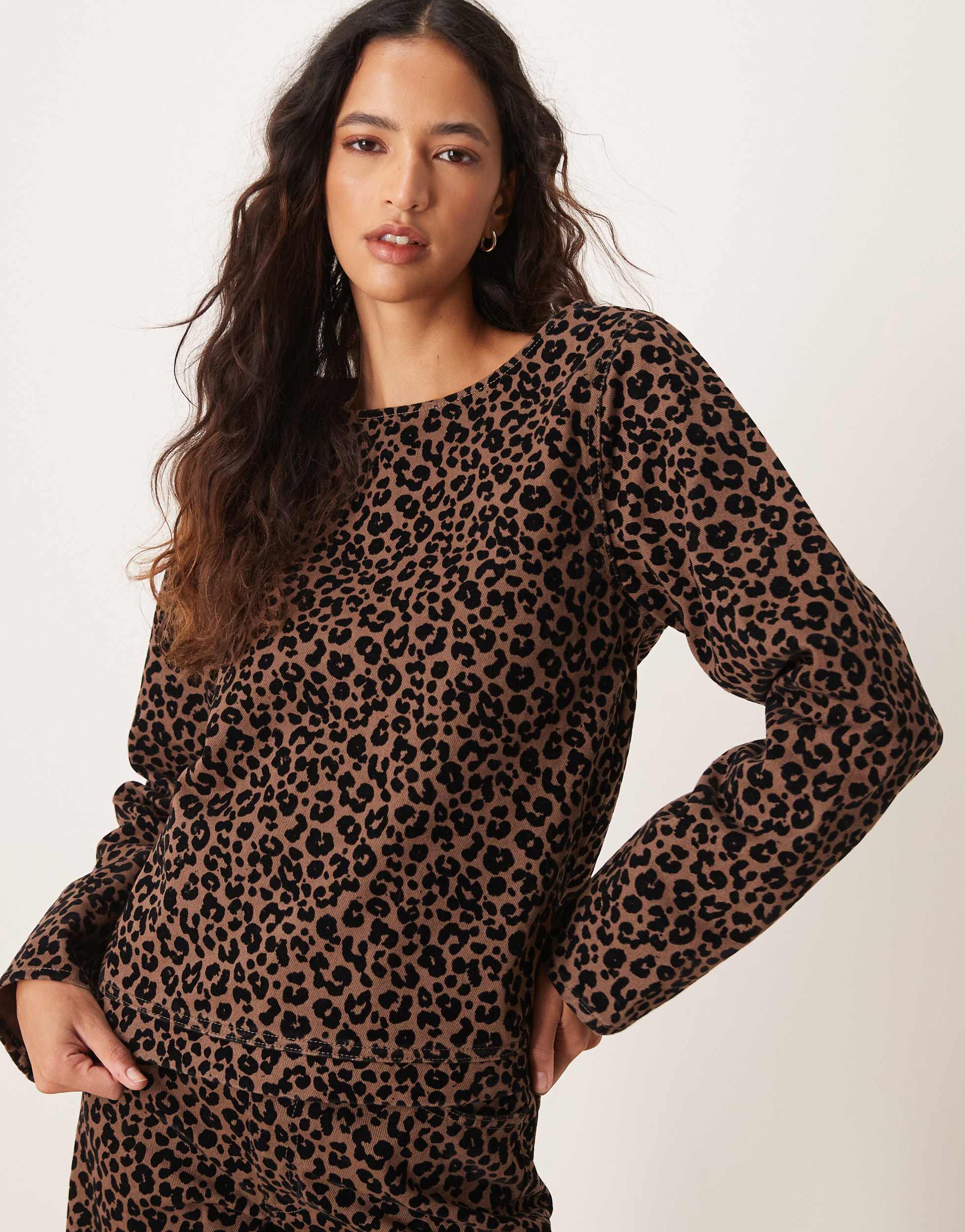 ASOS DESIGN flocked denim long sleeve top in dark leopard print