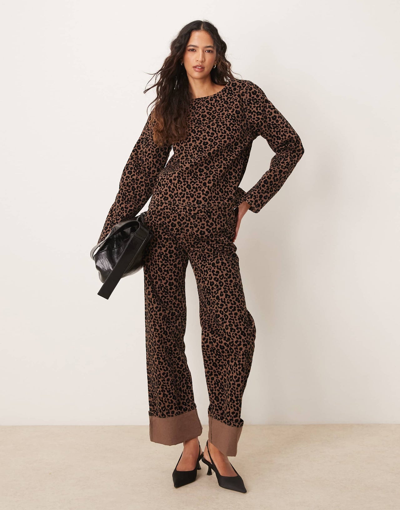 ASOS DESIGN flocked denim long sleeve top in dark leopard print