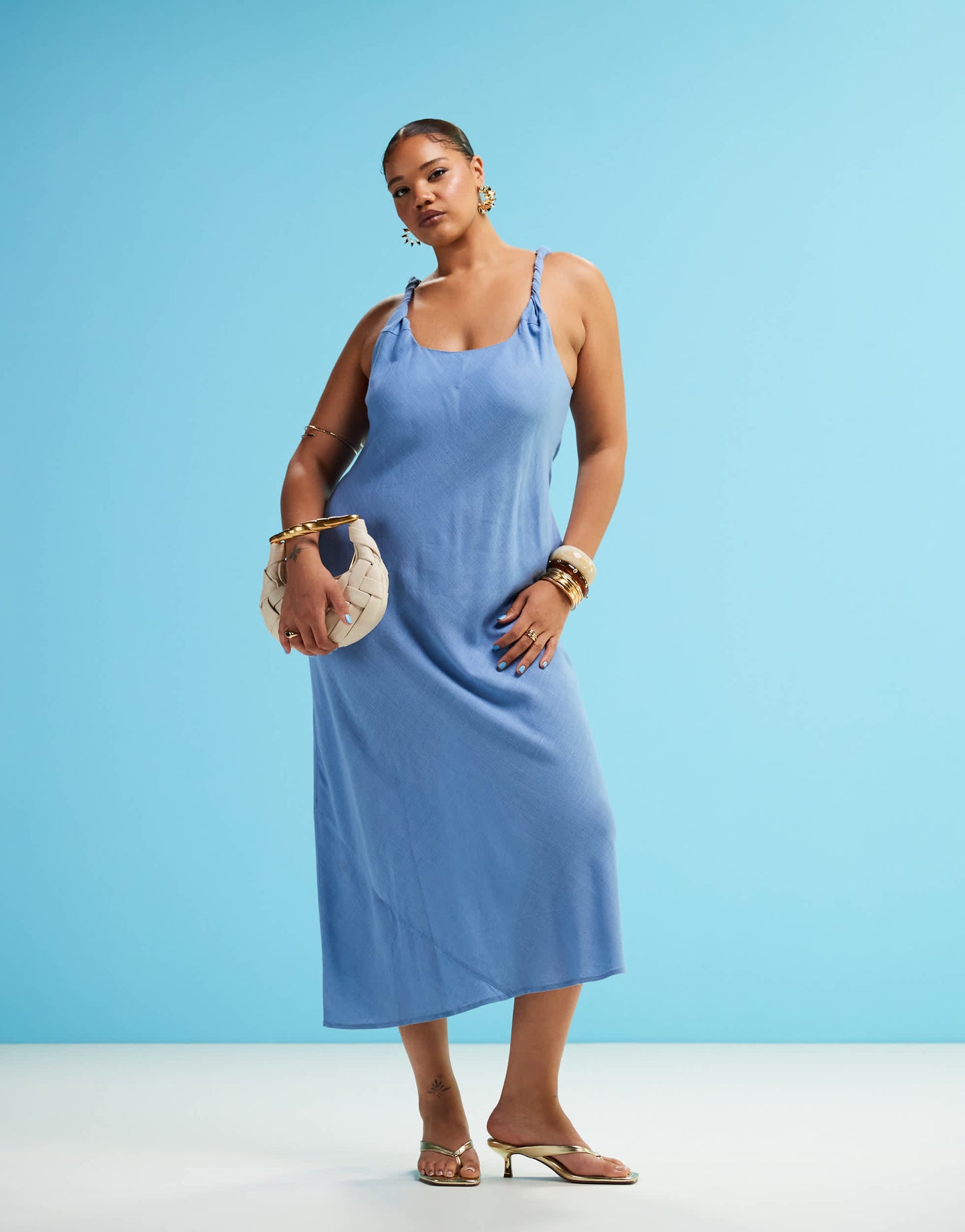ASOS DESIGN Curve linen look twist strap bias maxi sundress in denim blue