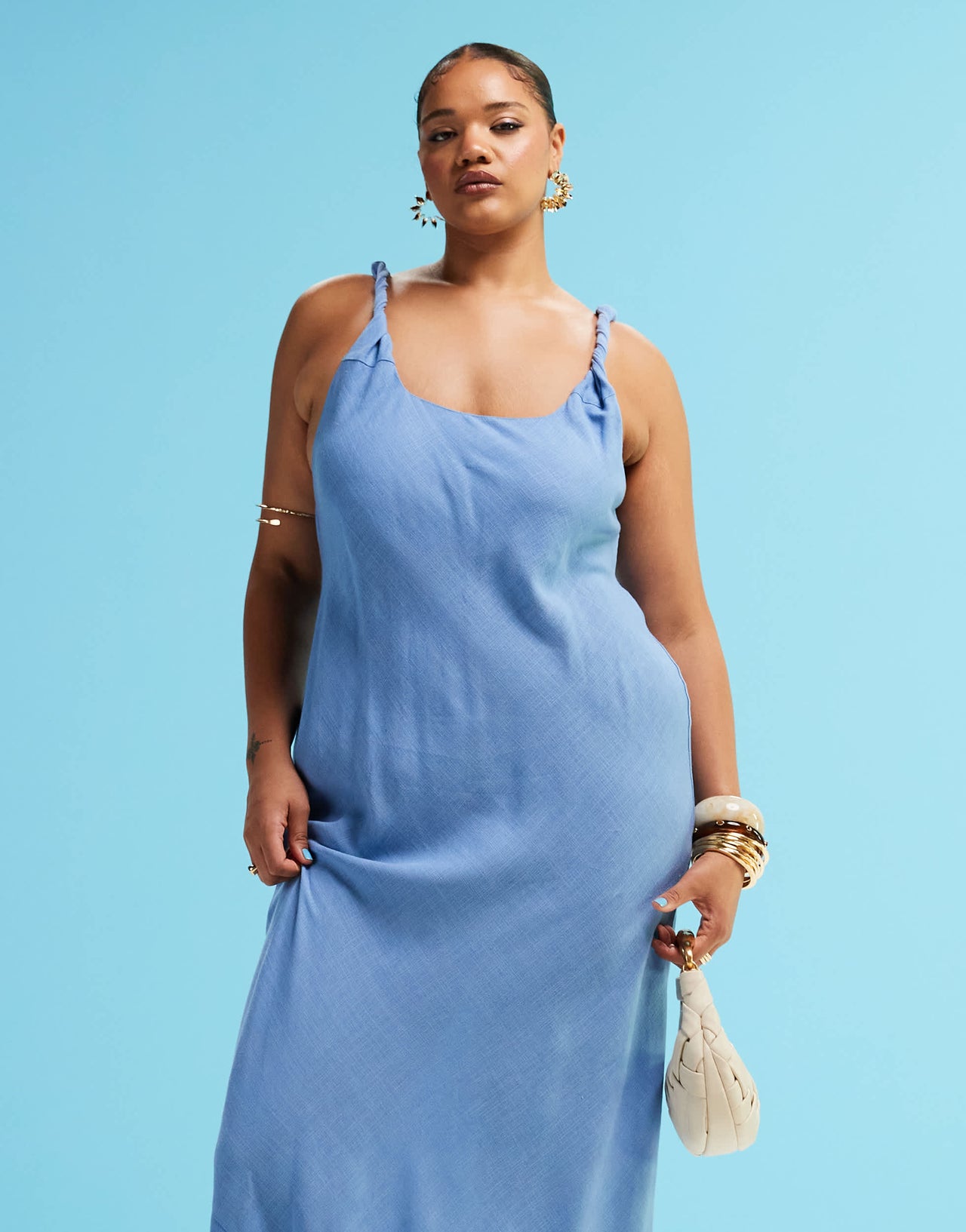 ASOS DESIGN Curve linen look twist strap bias maxi sundress in denim blue