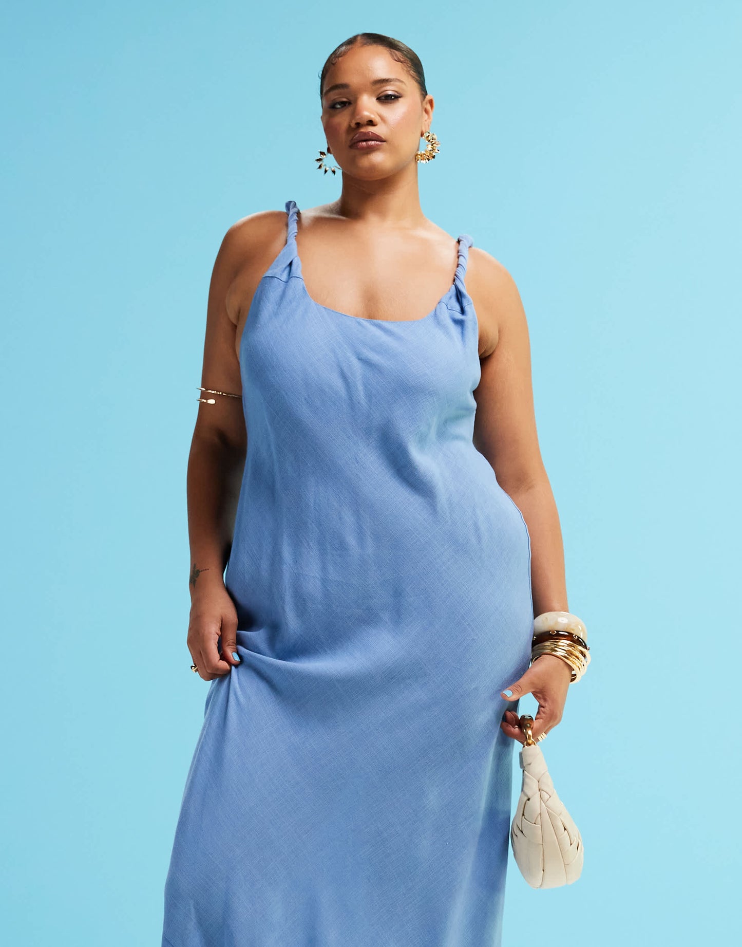 ASOS DESIGN Curve linen look twist strap bias maxi sundress in denim blue