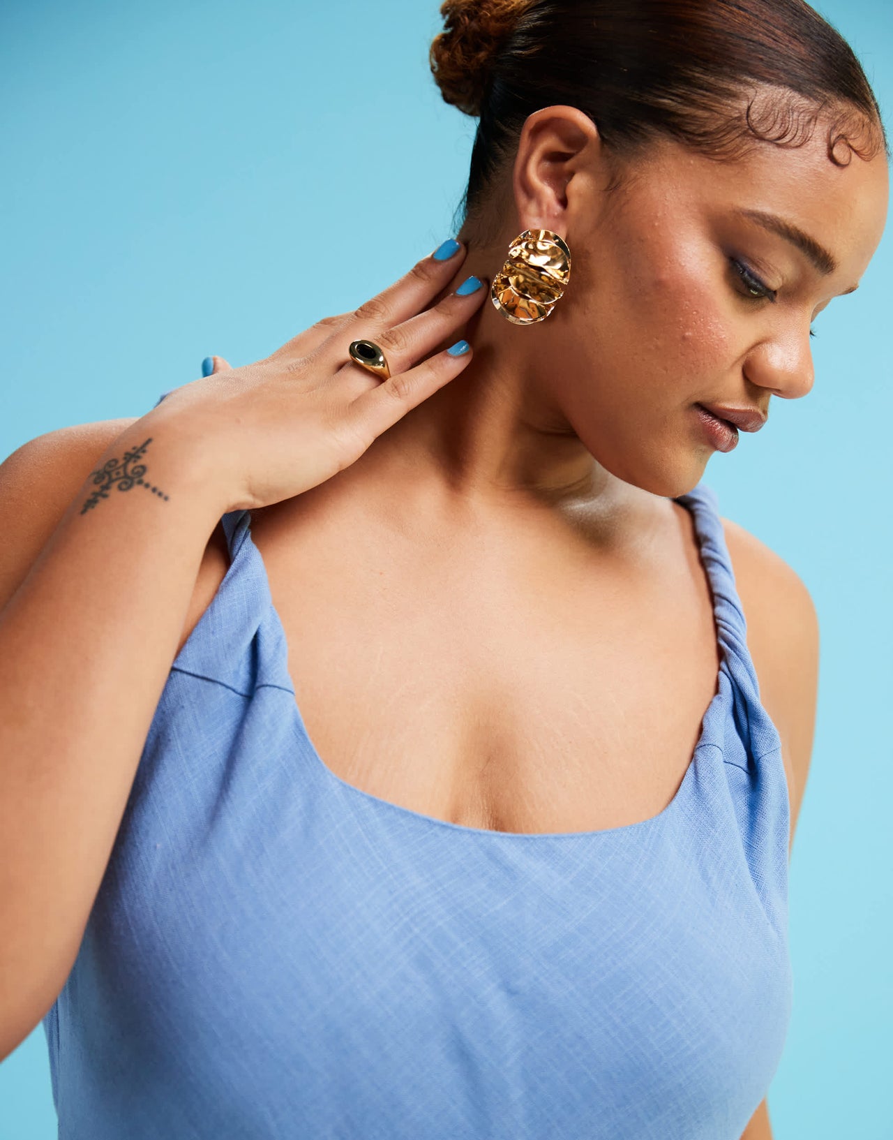 ASOS DESIGN Curve linen look twist strap bias maxi sundress in denim blue