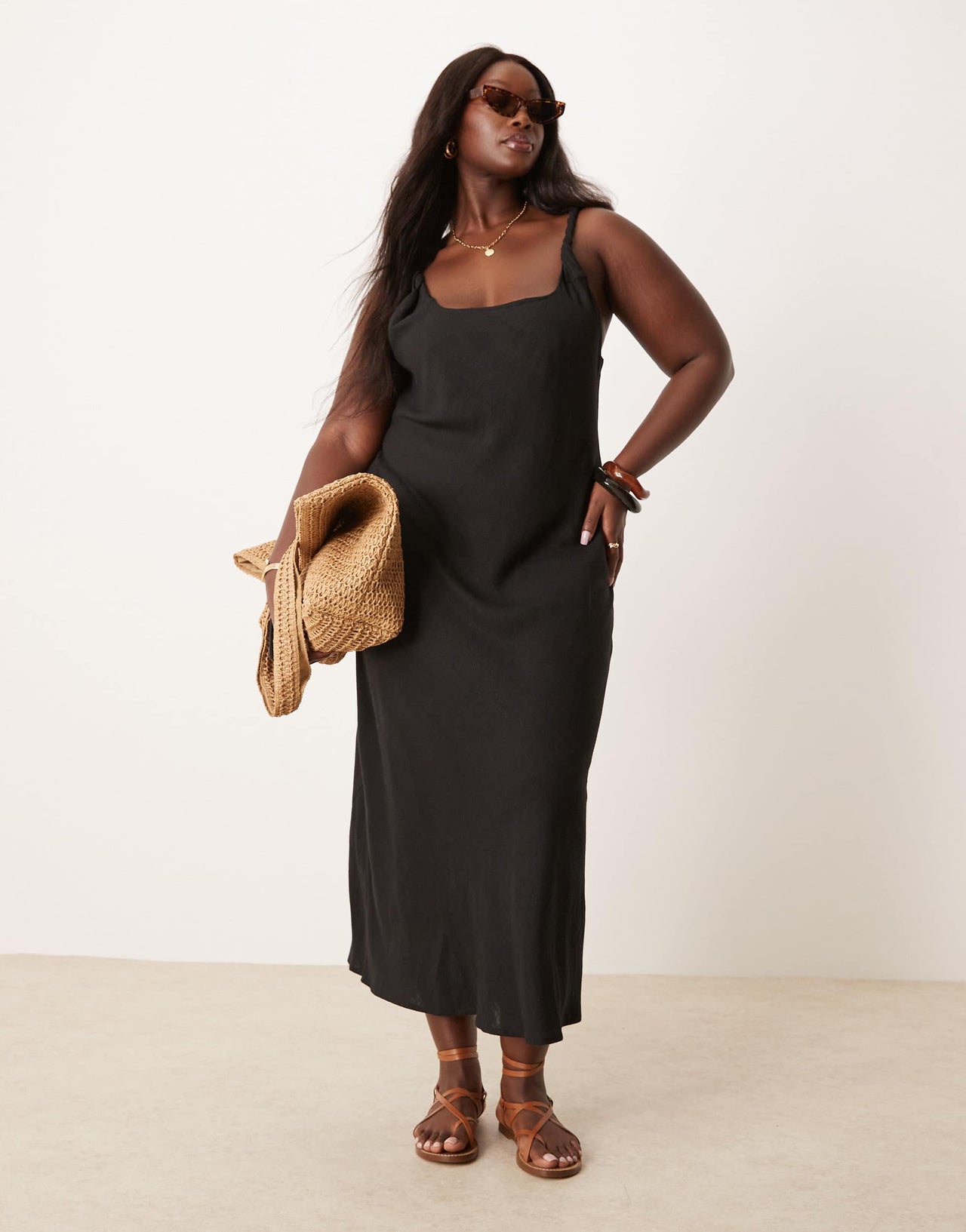 ASOS DESIGN Curve linen look twist strap bias maxi sundress in black