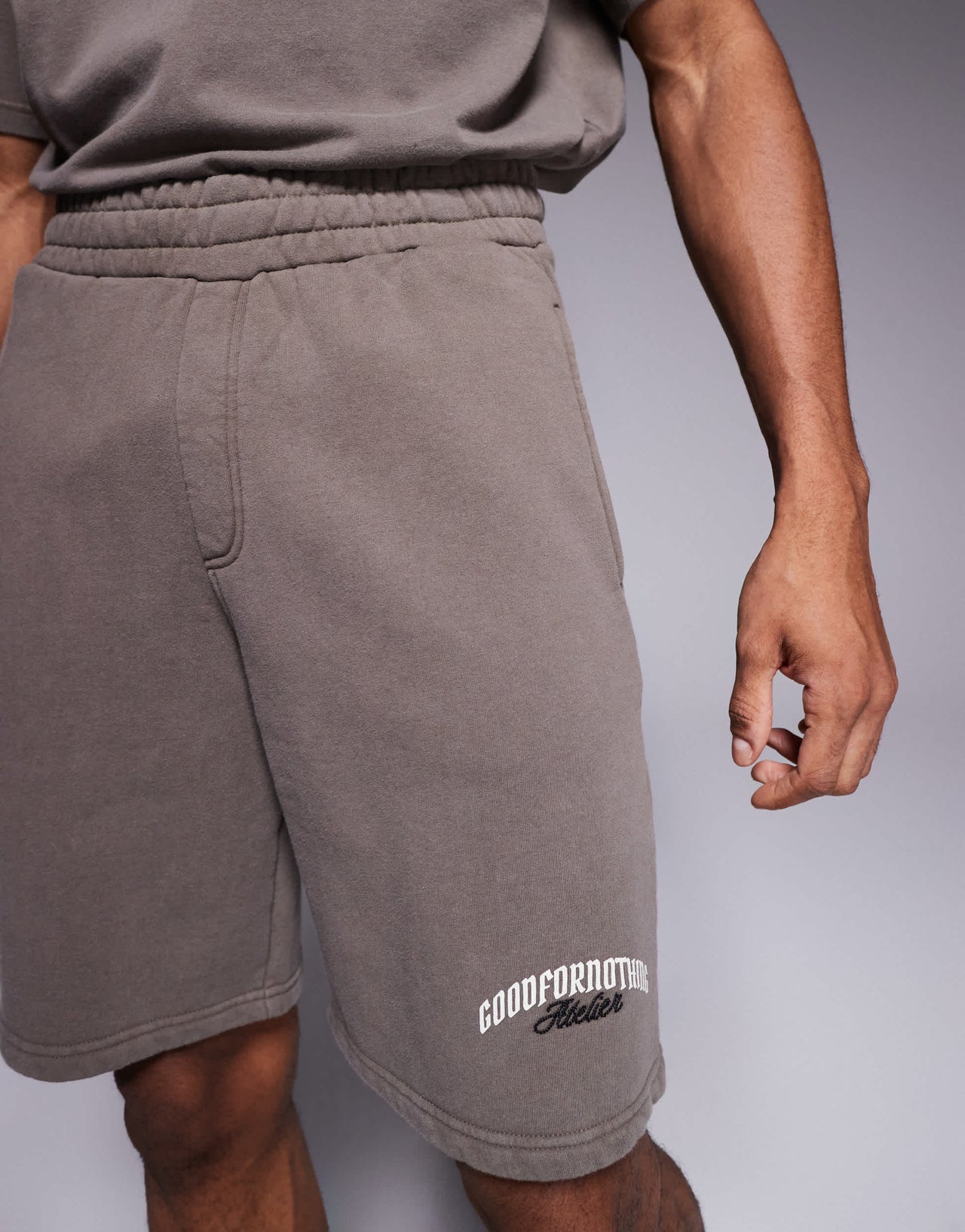 Good For Nothing co-ord logo shorts in taupe
