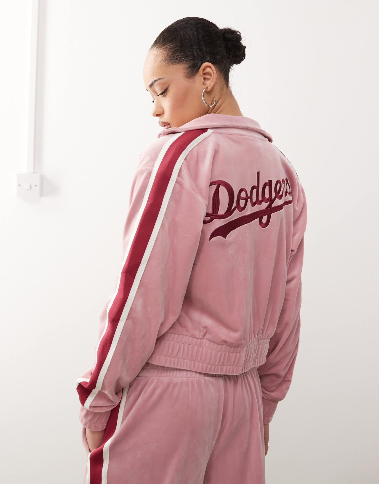 New Era LA Dodgers side stripe velour zip through top co-ord in pink