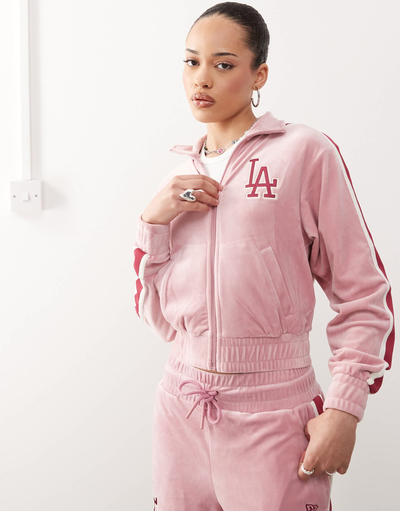 New Era LA Dodgers side stripe velour zip through top co-ord in pink