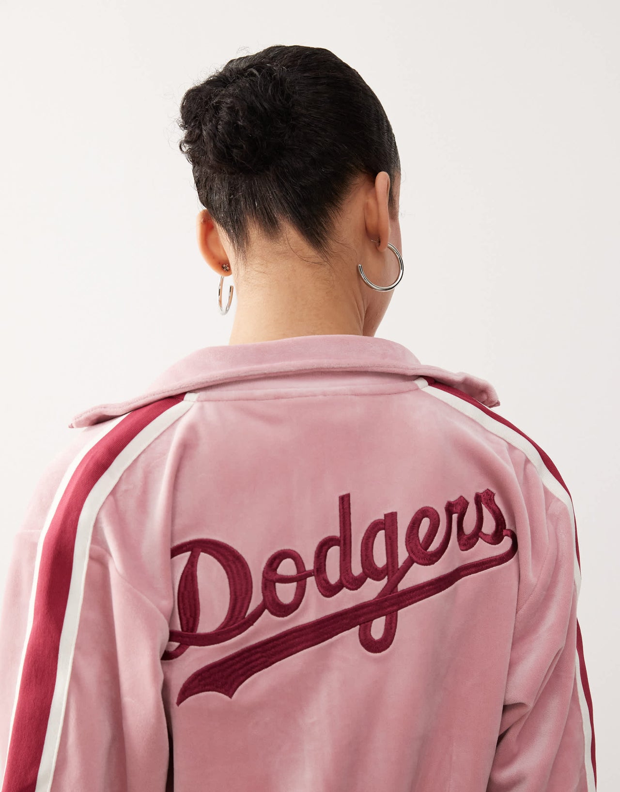 New Era LA Dodgers side stripe velour zip through top co-ord in pink