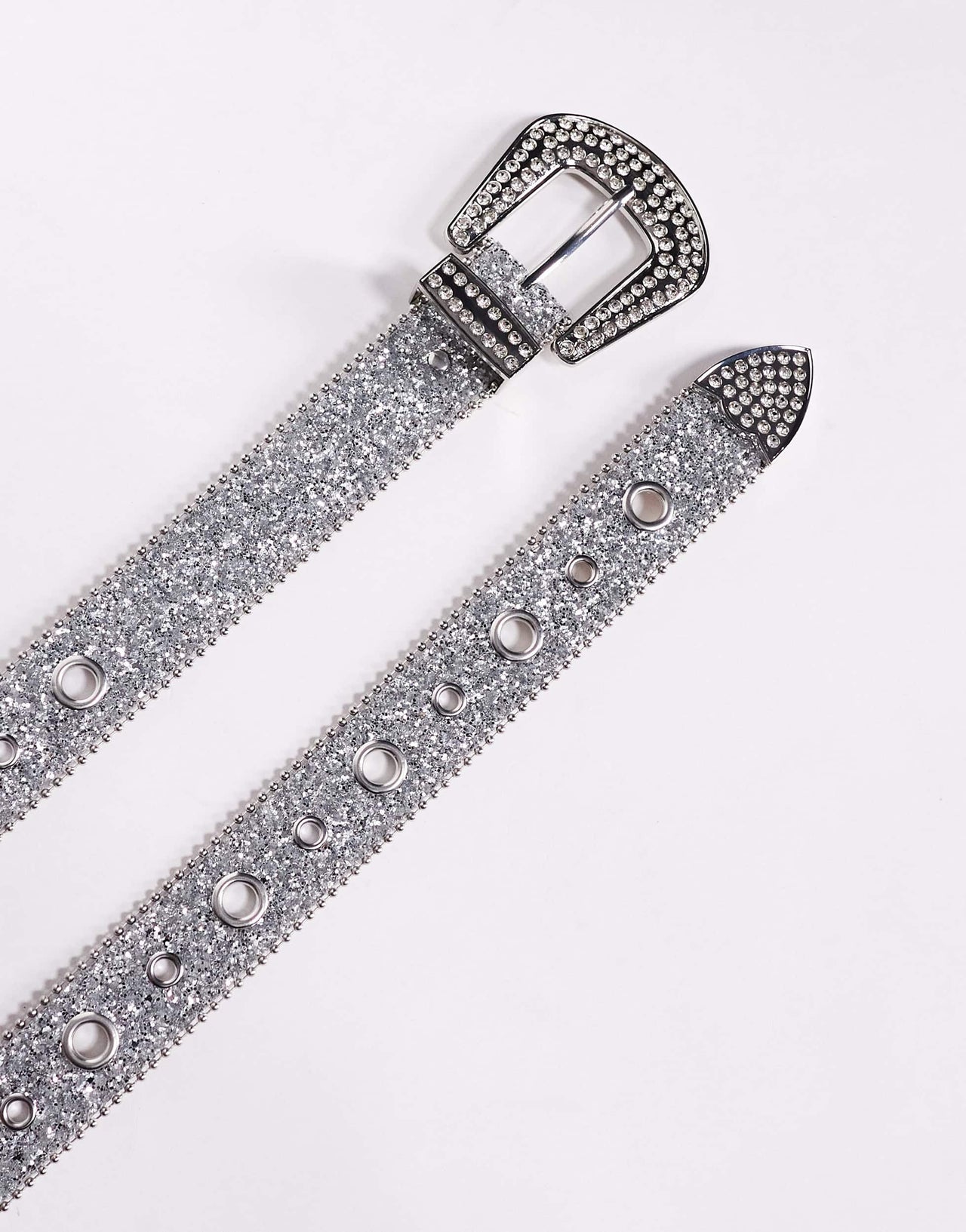 ASOS DESIGN western cowboy eyelet belt in silver glitter faux leather