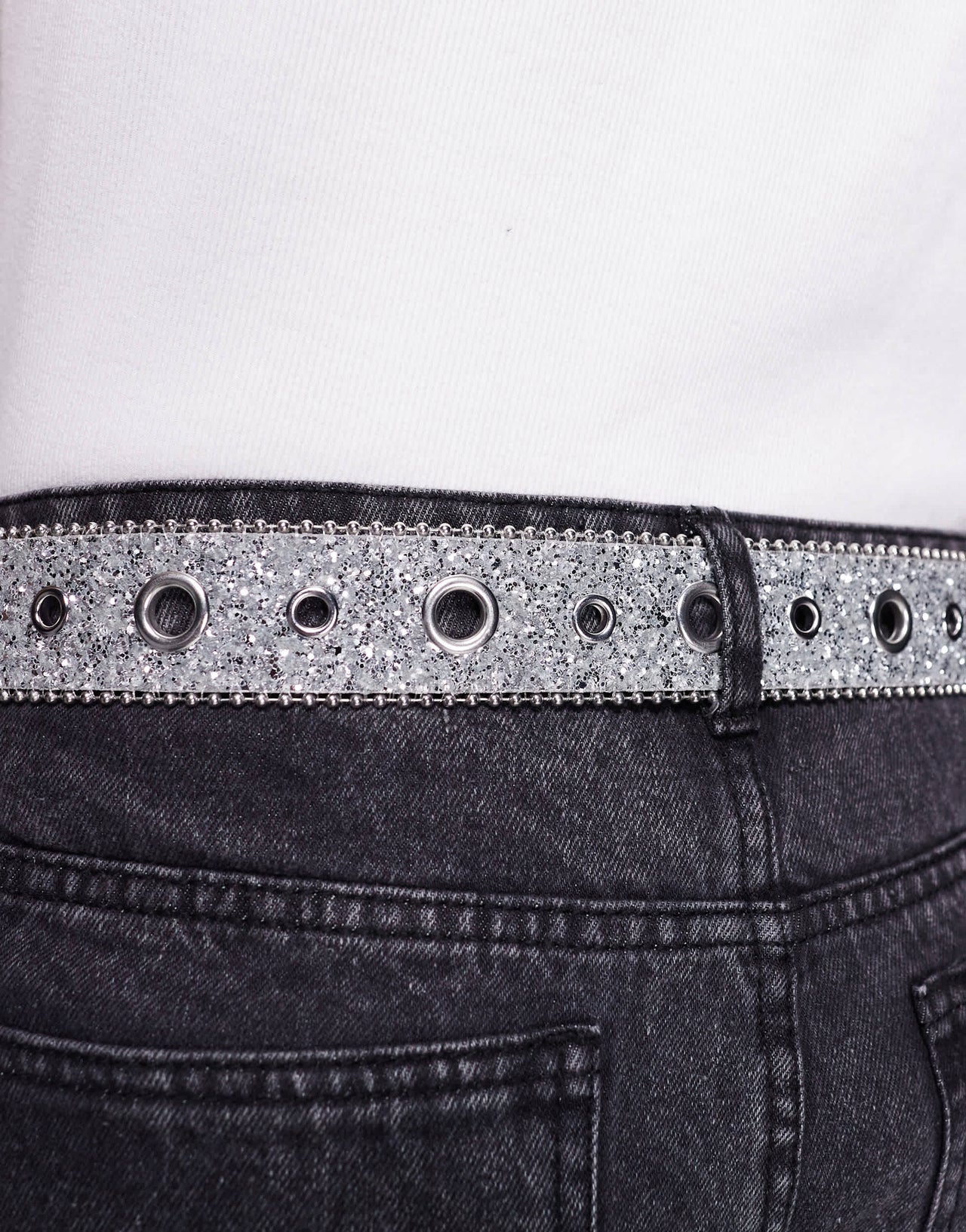 ASOS DESIGN western cowboy eyelet belt in silver glitter faux leather