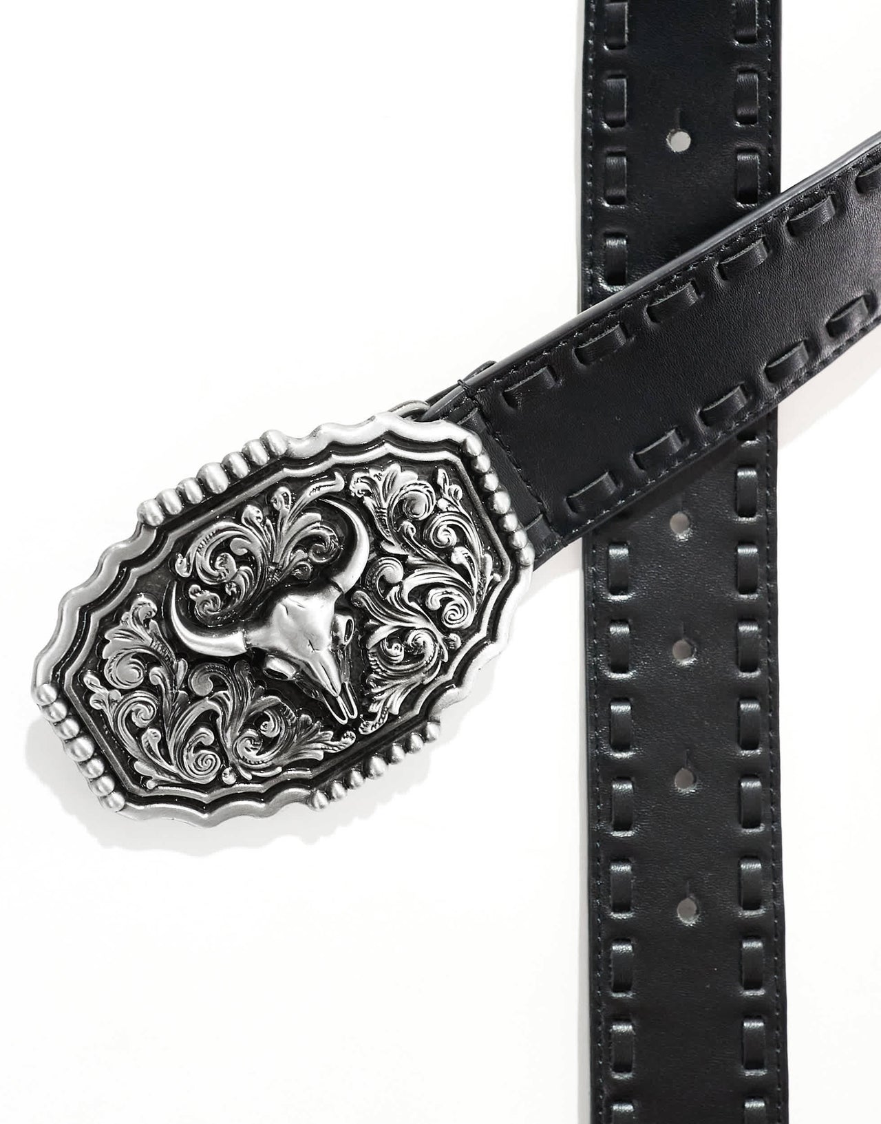 ASOS DESIGN western cowboy plate whipstitch belt in black faux leather