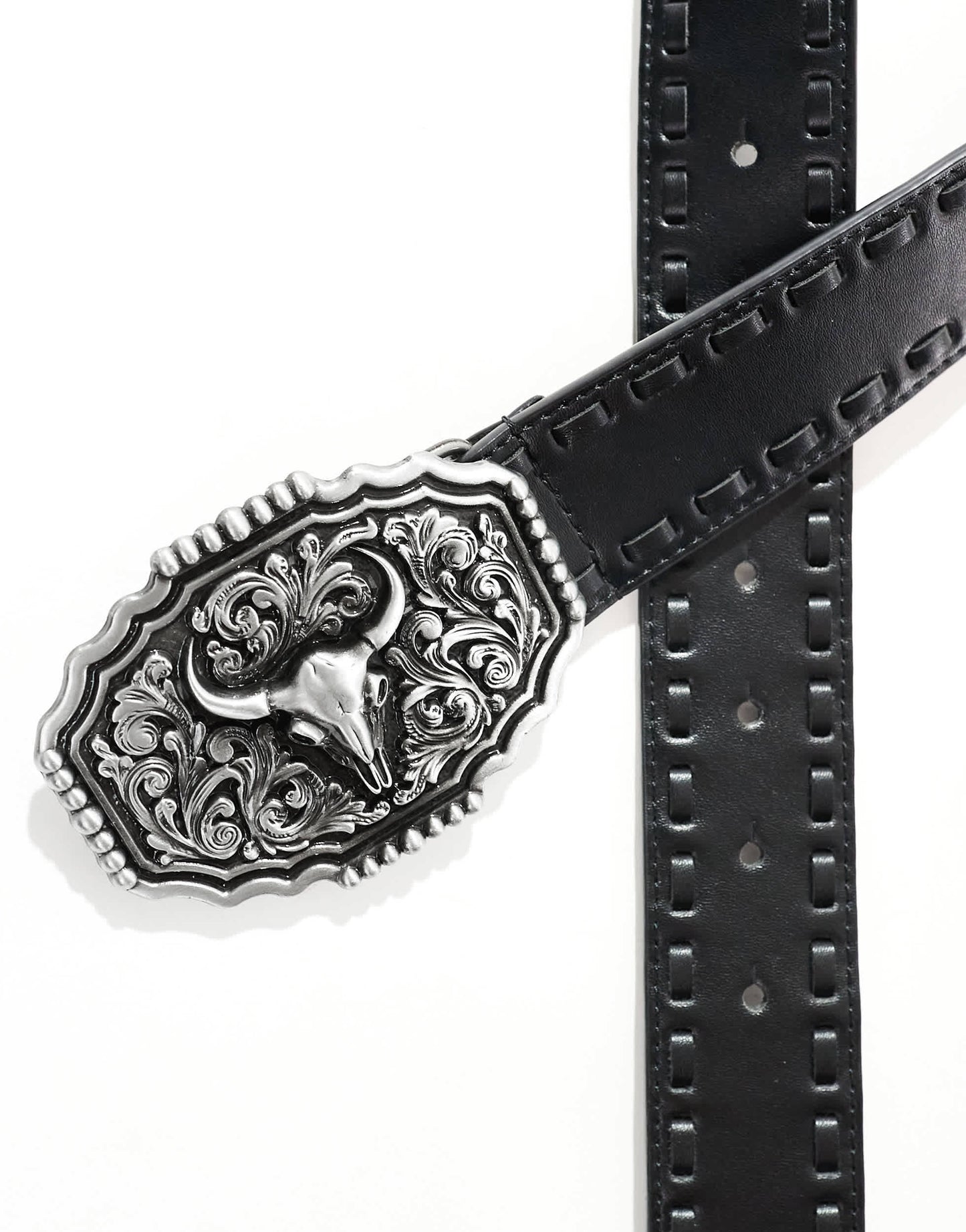 ASOS DESIGN western cowboy plate whipstitch belt in black faux leather