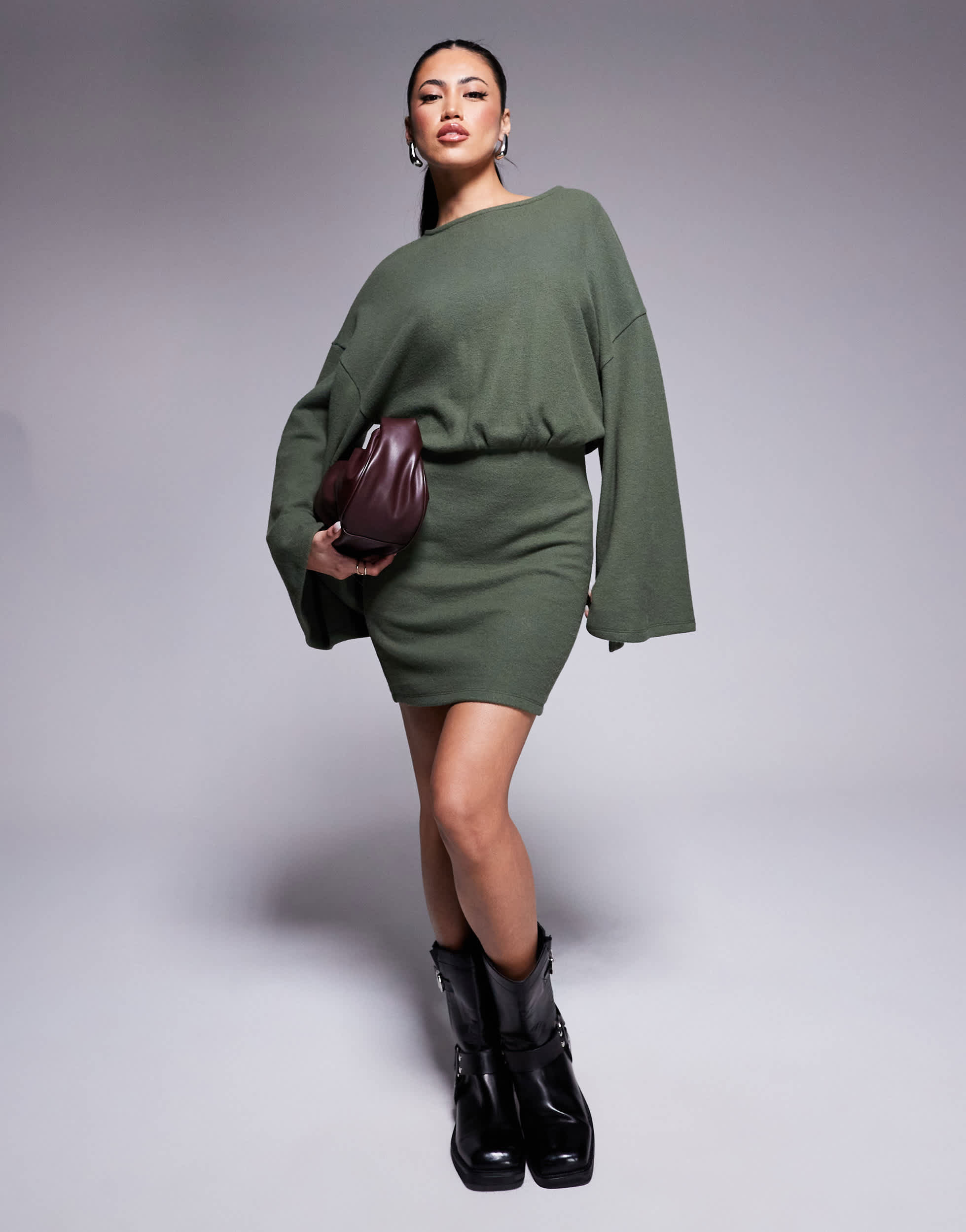 ASOS DESIGN supersoft wide long sleeve blouson mini dress in khaki - BURGUNDY