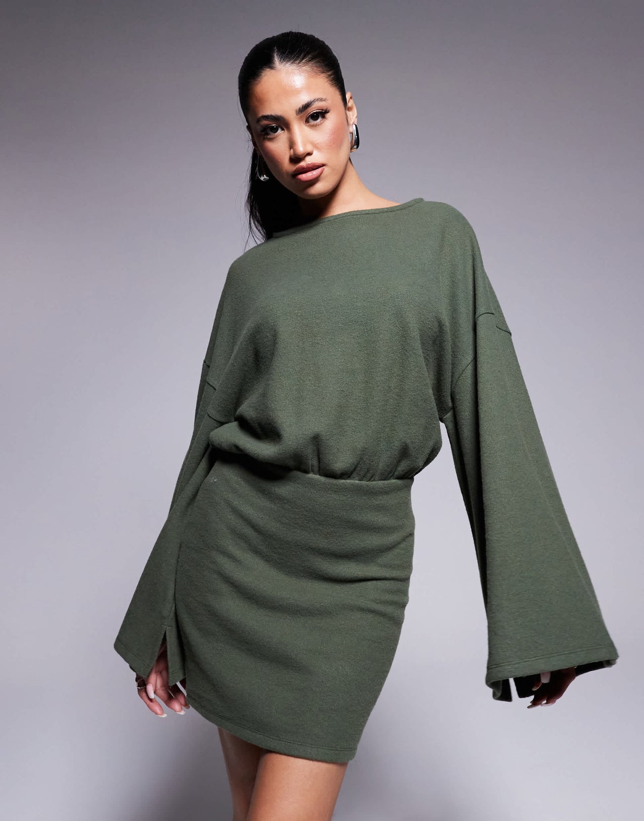 ASOS DESIGN supersoft wide long sleeve blouson mini dress in khaki - BURGUNDY