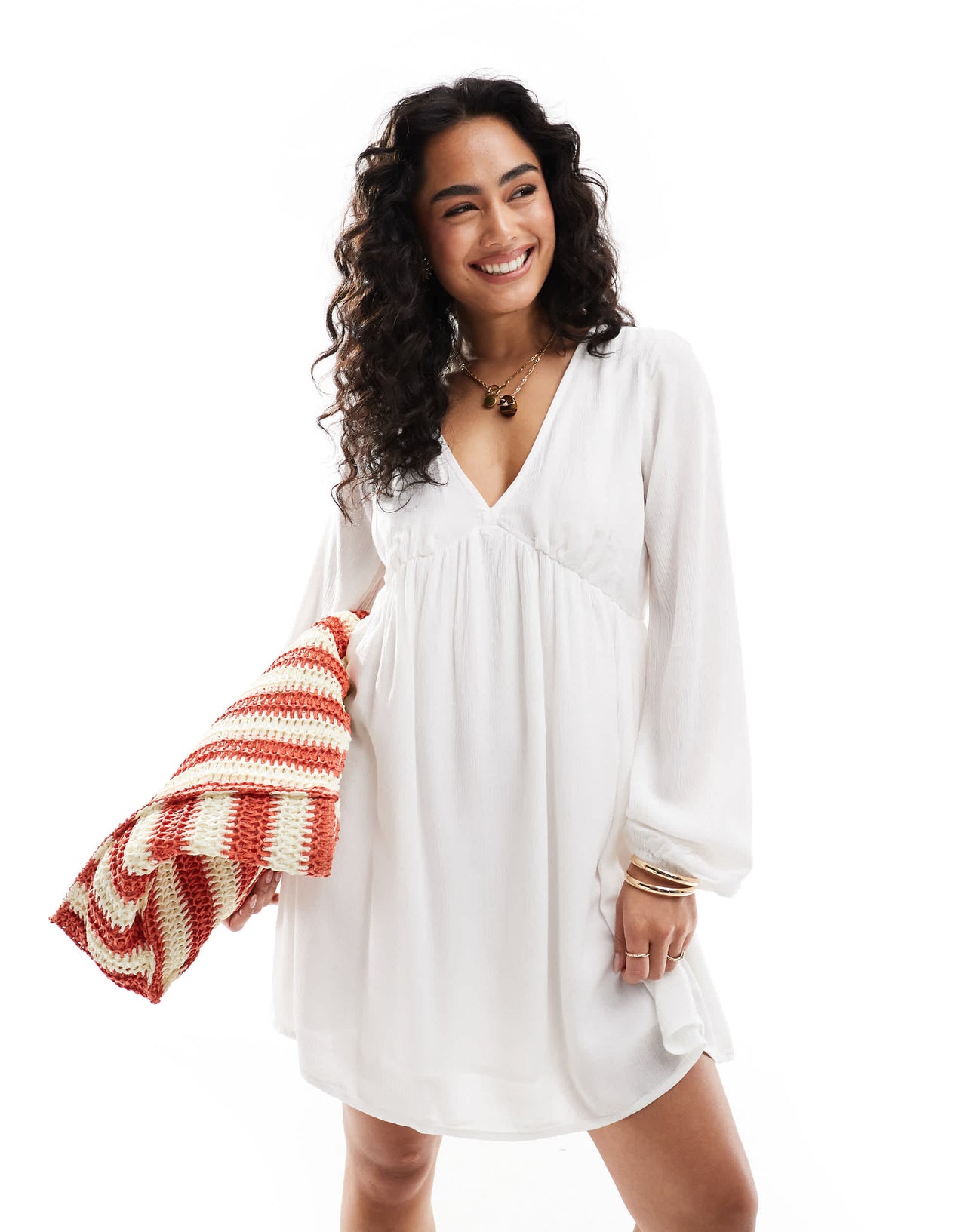 ONLY wide sleeve plisse mini dress in white