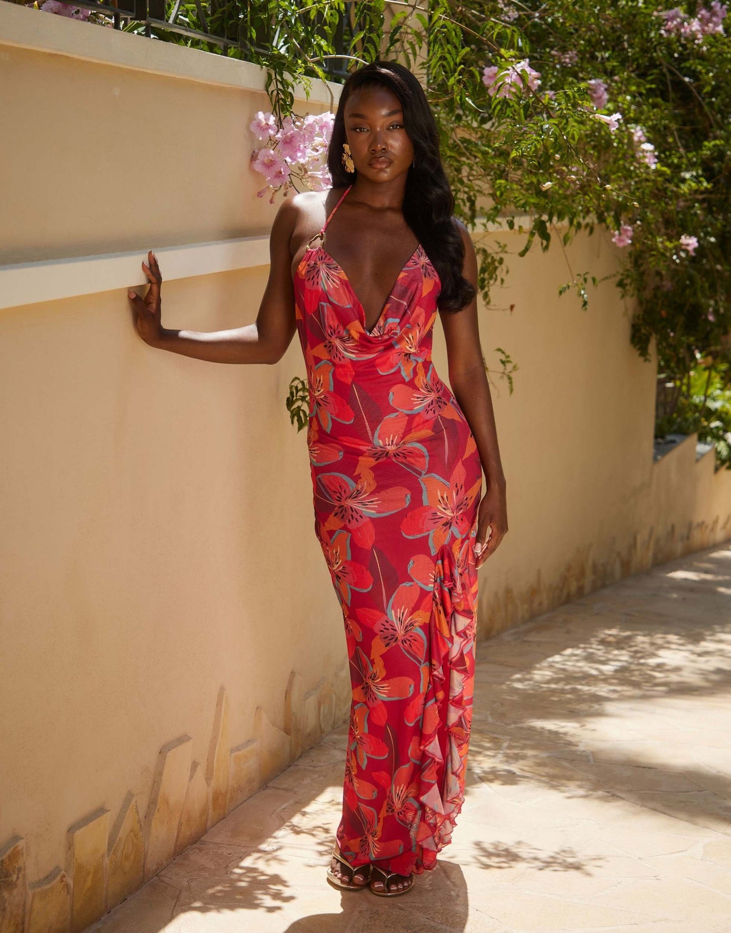 South Beach cowl neck maxi beach dress in tropical flower red