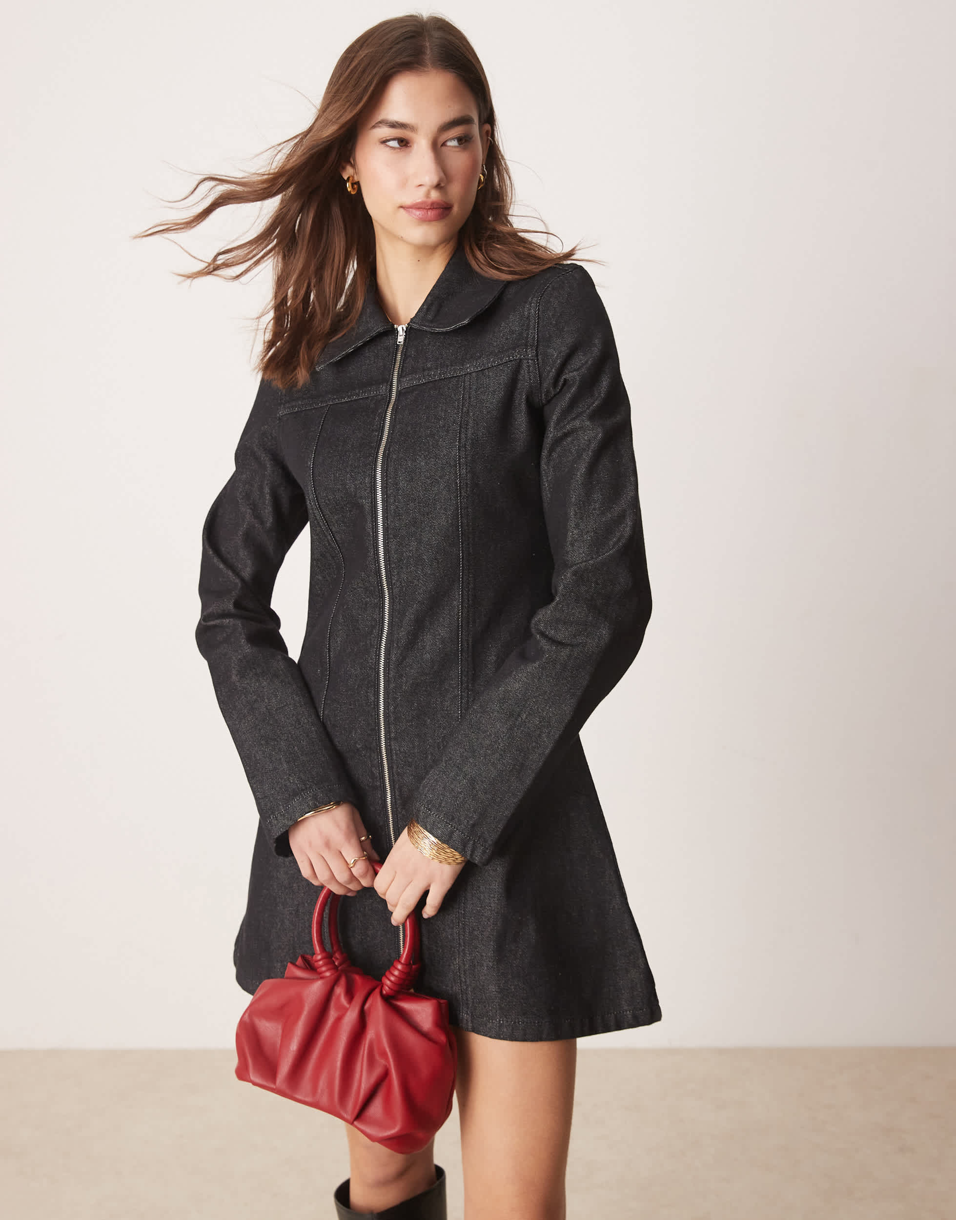 ASOS DESIGN zip front denim shirt dress in black ecru