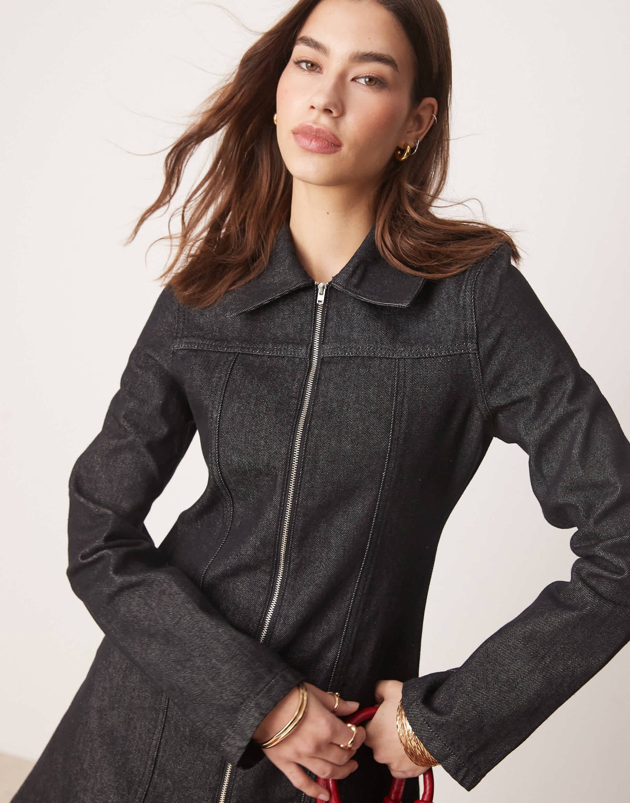 ASOS DESIGN zip front denim shirt dress in black ecru
