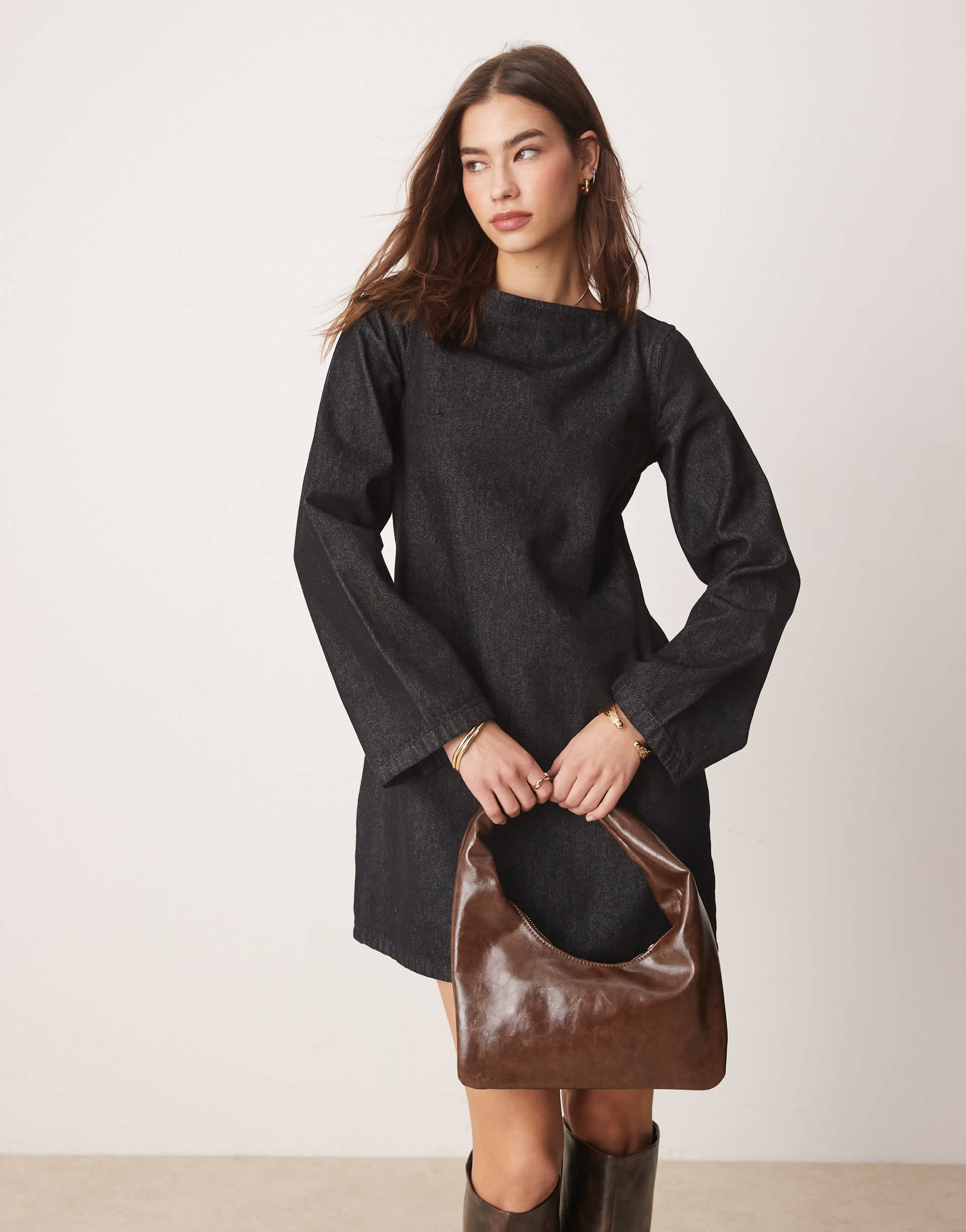 ASOS DESIGN long sleeved denim shift dress with contrast stitching in black ecru