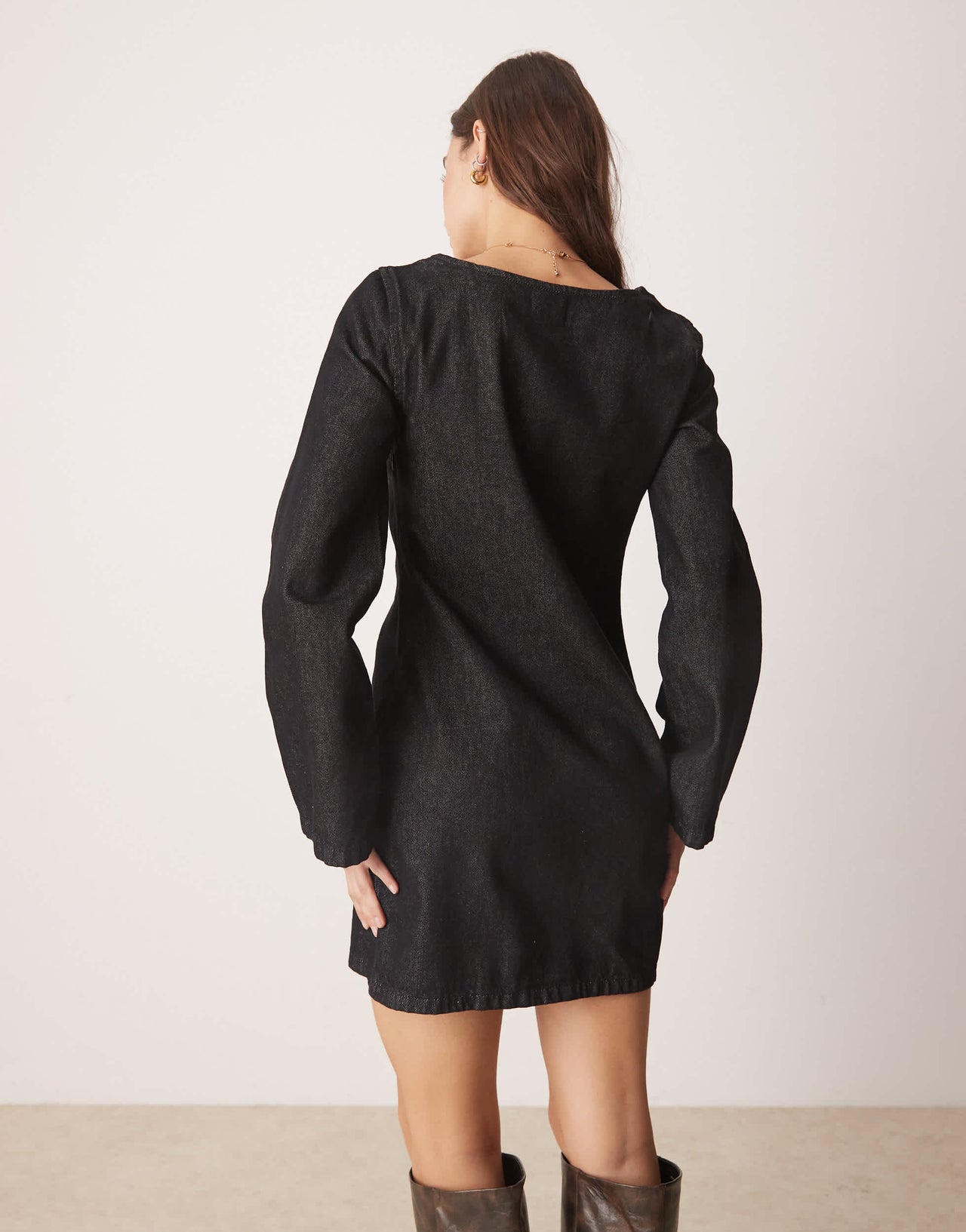 ASOS DESIGN long sleeved denim shift dress with contrast stitching in black ecru