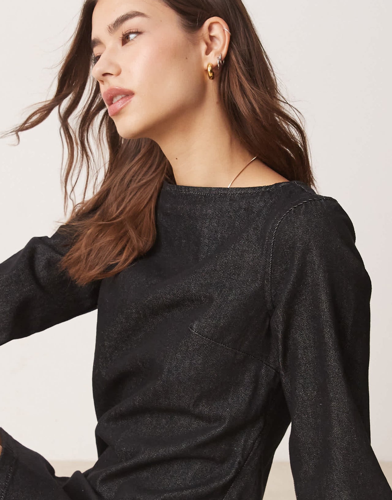 ASOS DESIGN long sleeved denim shift dress with contrast stitching in black ecru