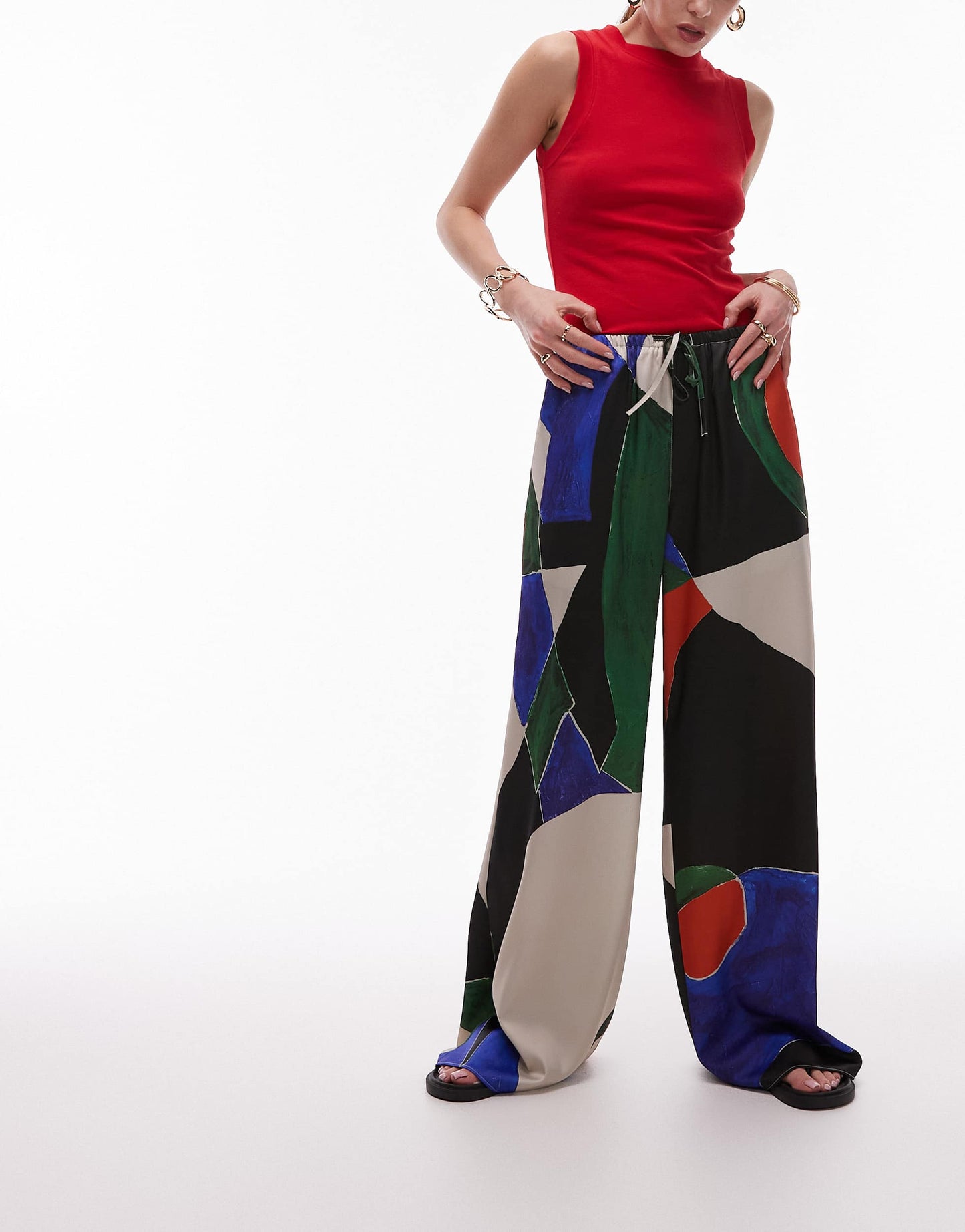 Topshop satin tie waist wide leg trouser geo print in orange and blue
