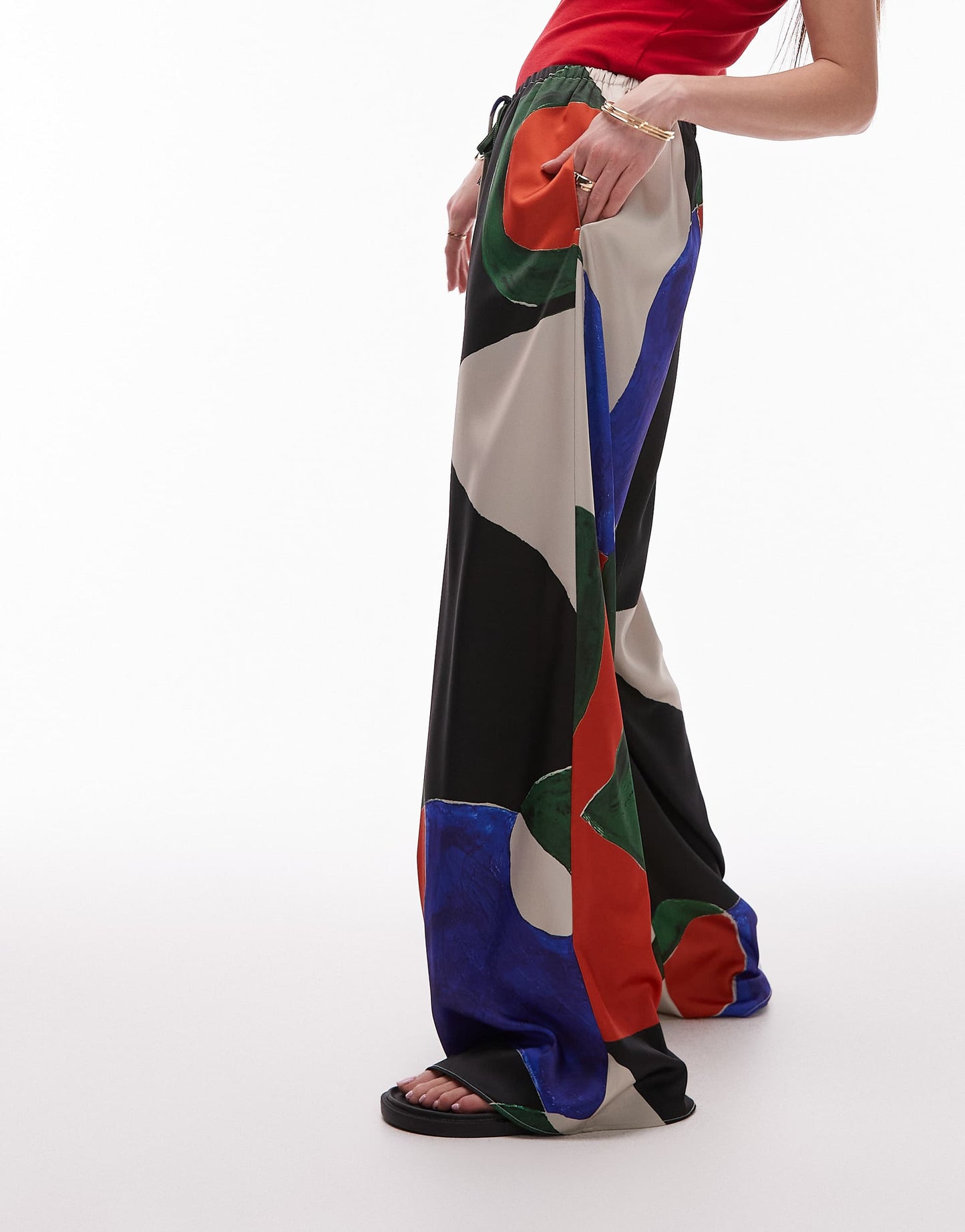 Topshop satin tie waist wide leg trouser geo print in orange and blue