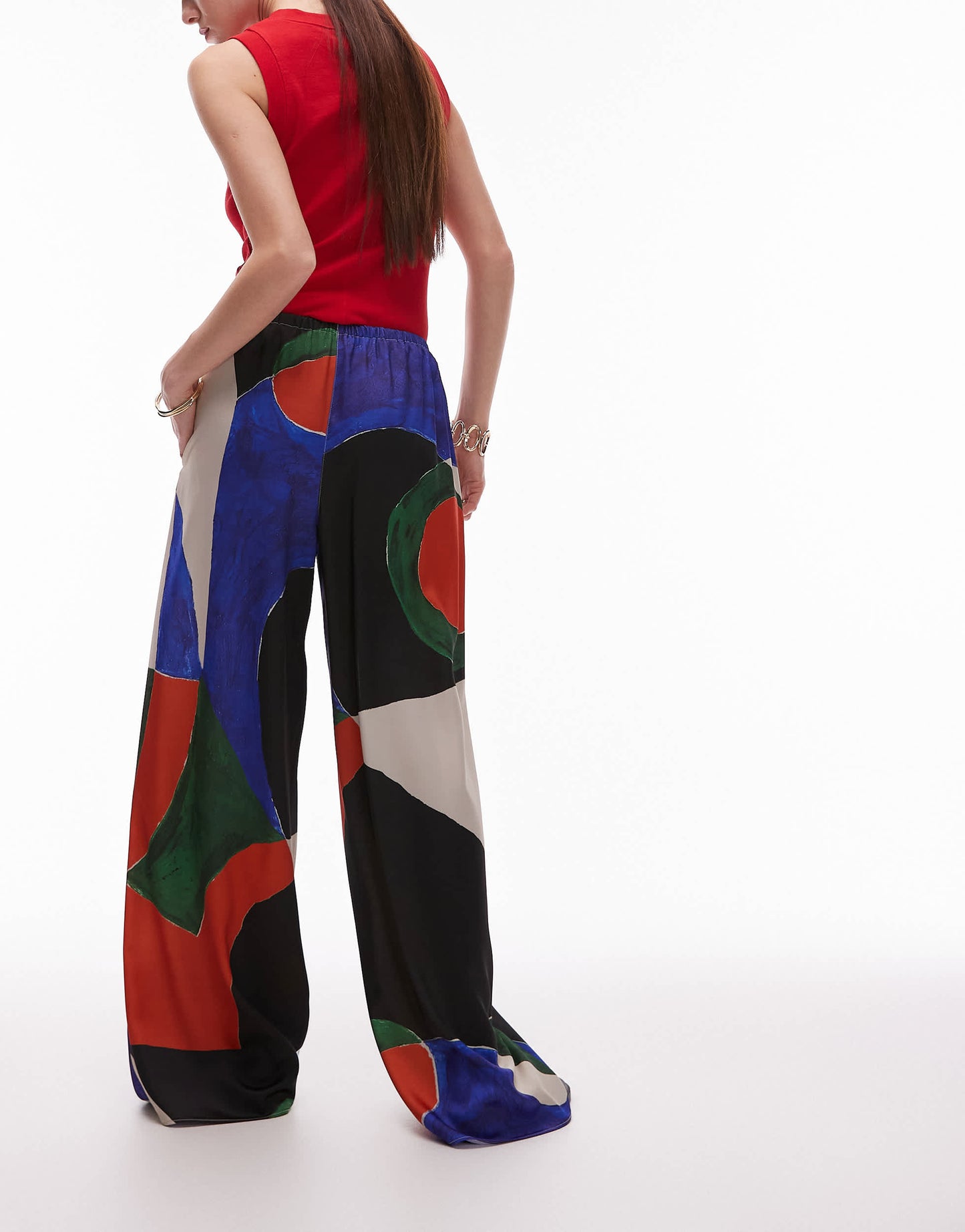 Topshop satin tie waist wide leg trouser geo print in orange and blue