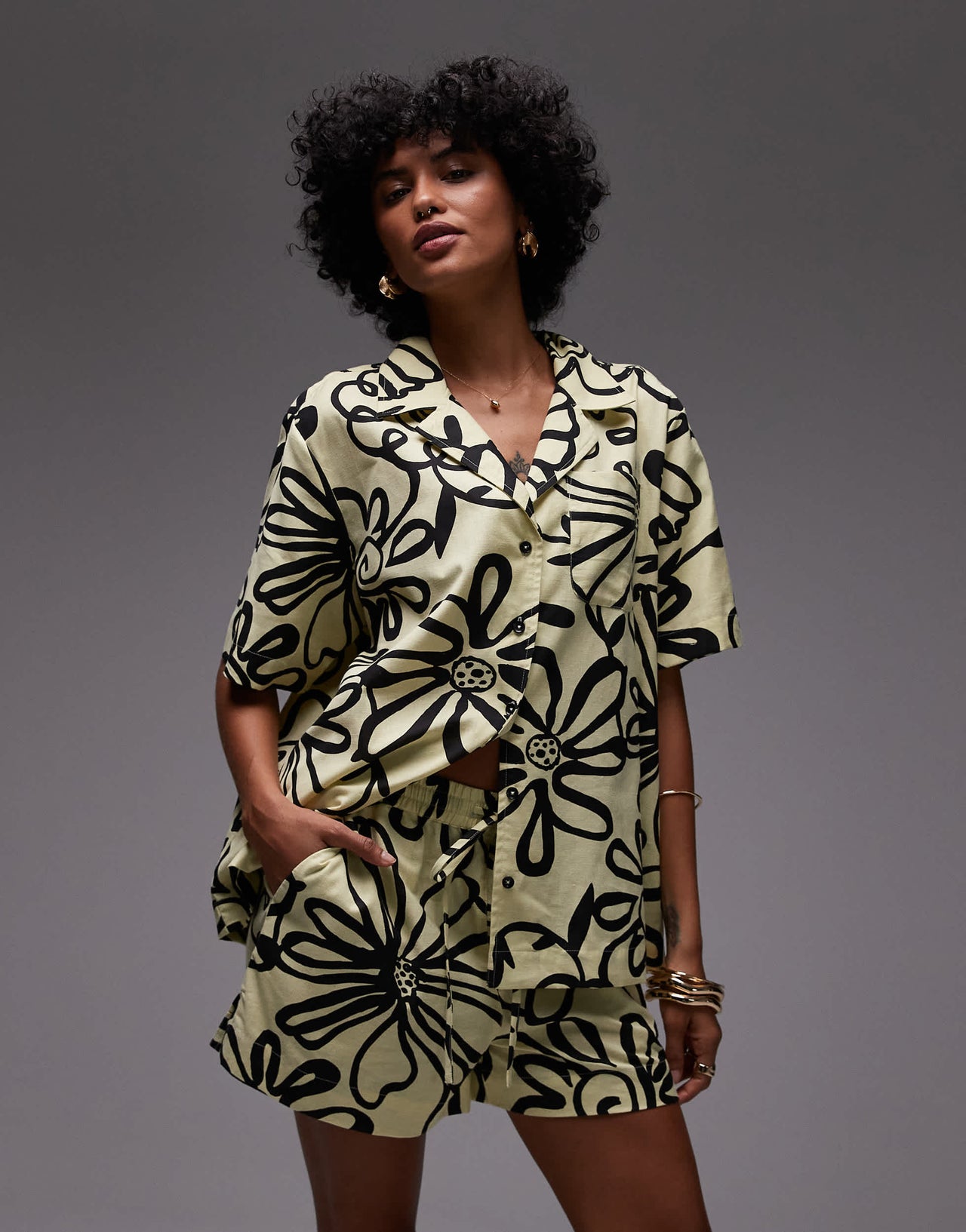 Topshop co ord high rise drawcord linen shorts in bright yellow print