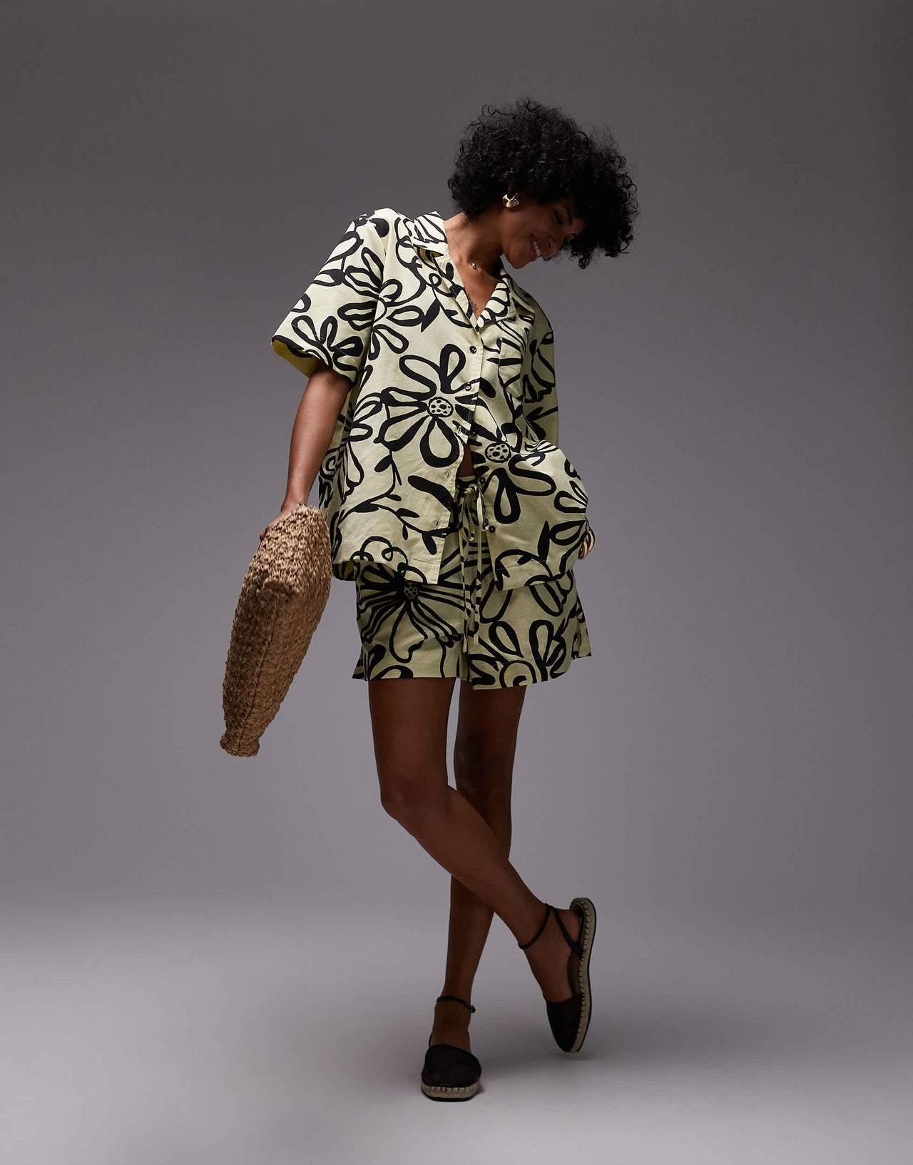 Topshop co ord high rise drawcord linen shorts in bright yellow print