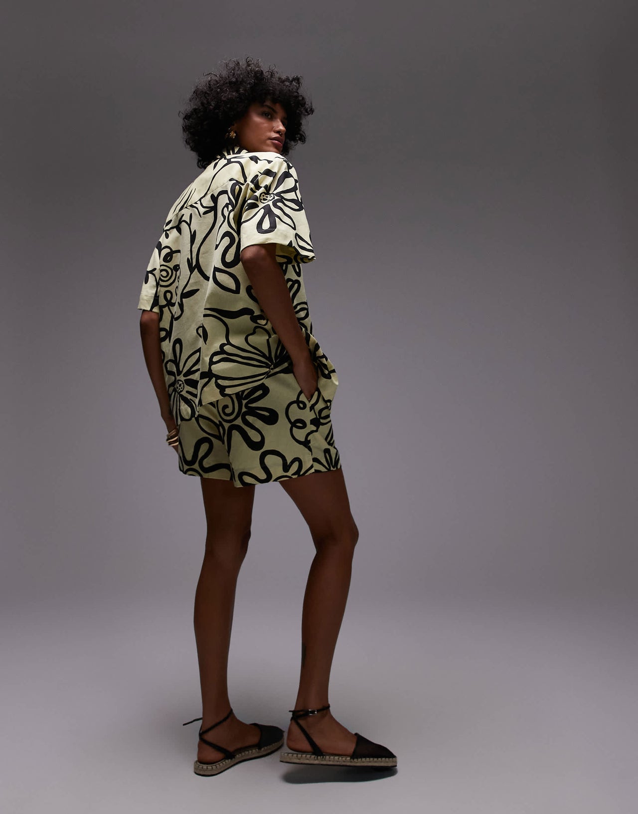 Topshop co ord high rise drawcord linen shorts in bright yellow print