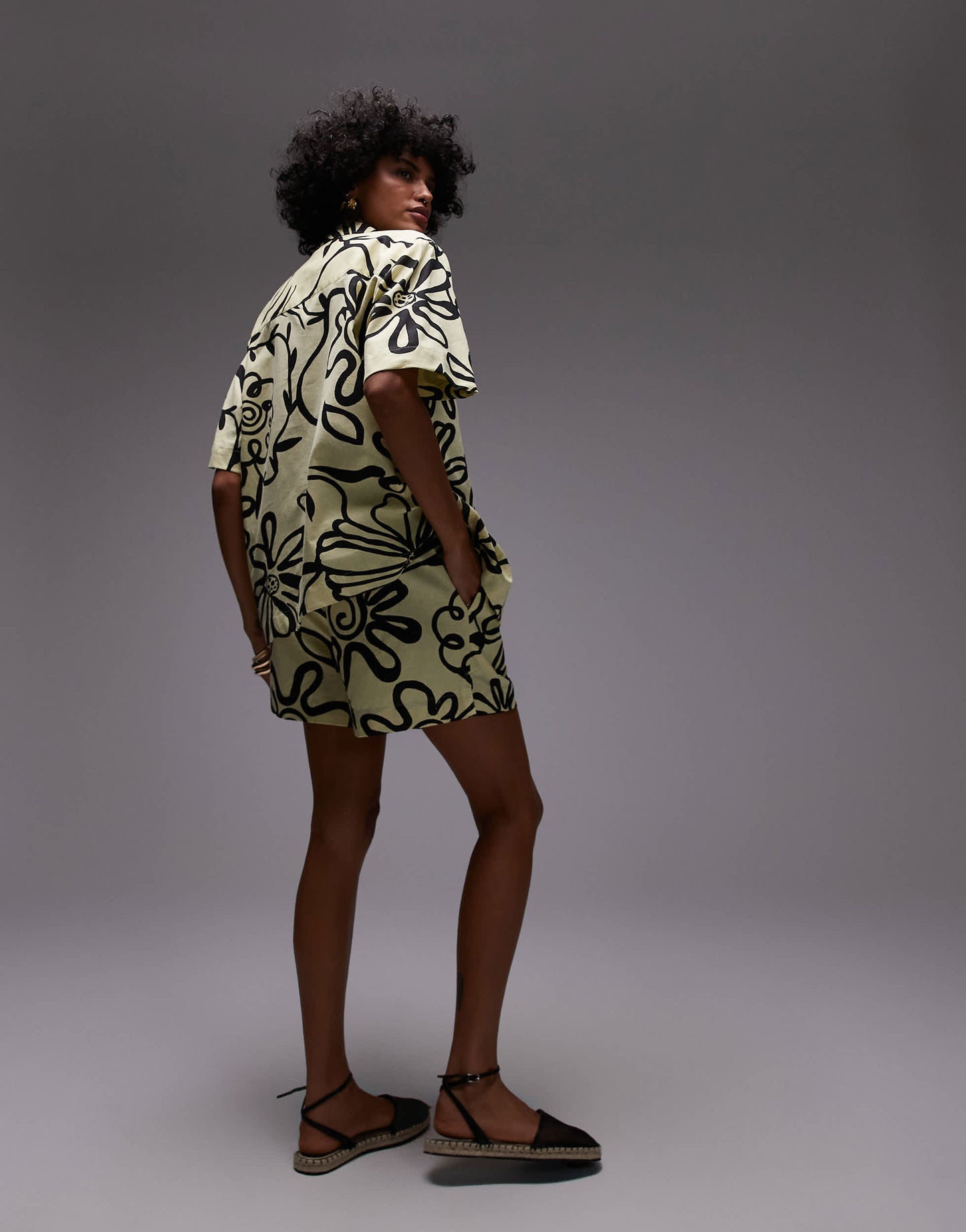 Topshop co ord high rise drawcord linen shorts in bright yellow print
