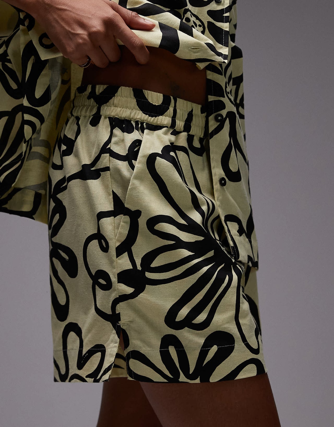 Topshop co ord high rise drawcord linen shorts in bright yellow print