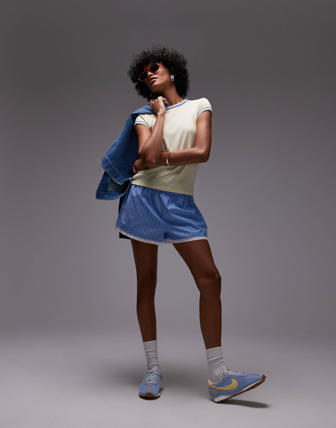 Topshop high waisted stripe lace trim boxer short in blue