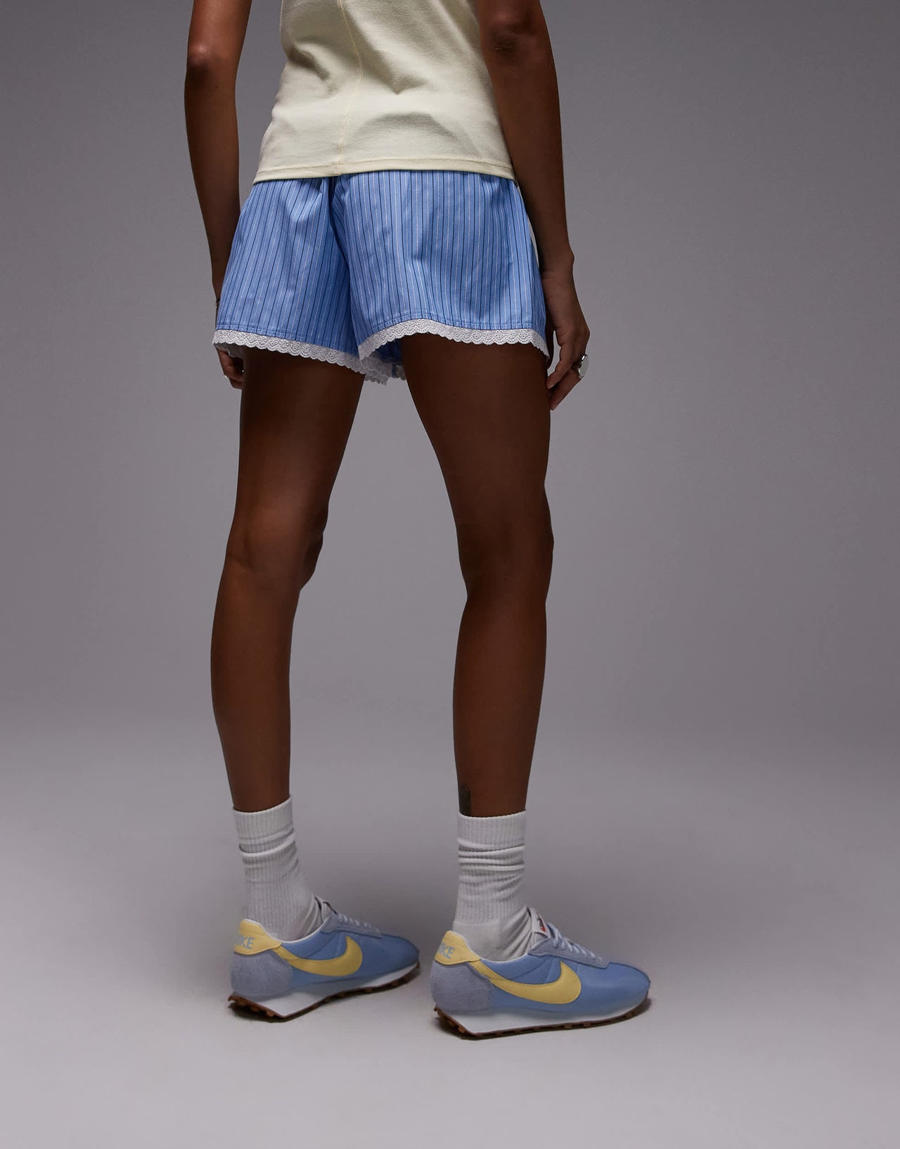 Topshop high waisted stripe lace trim boxer short in blue