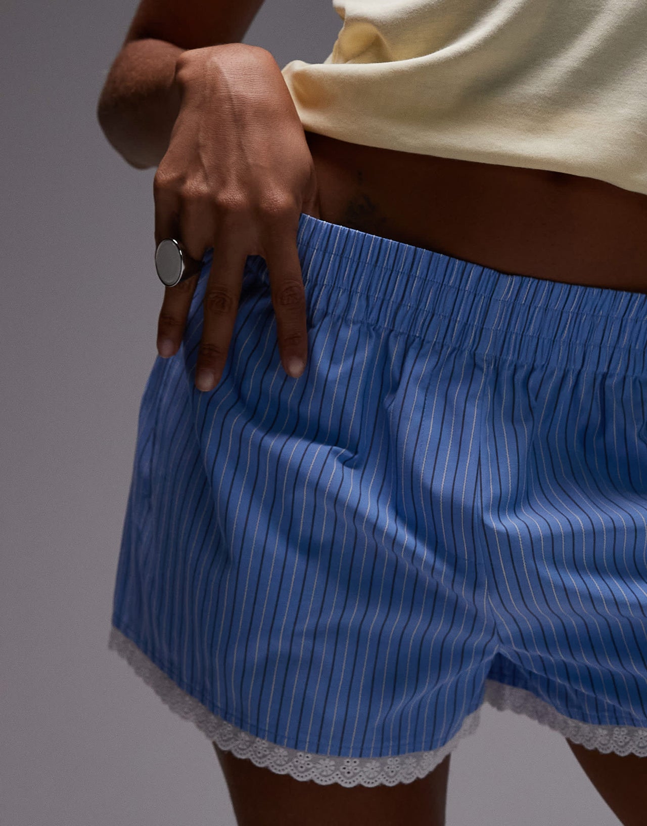 Topshop high waisted stripe lace trim boxer short in blue