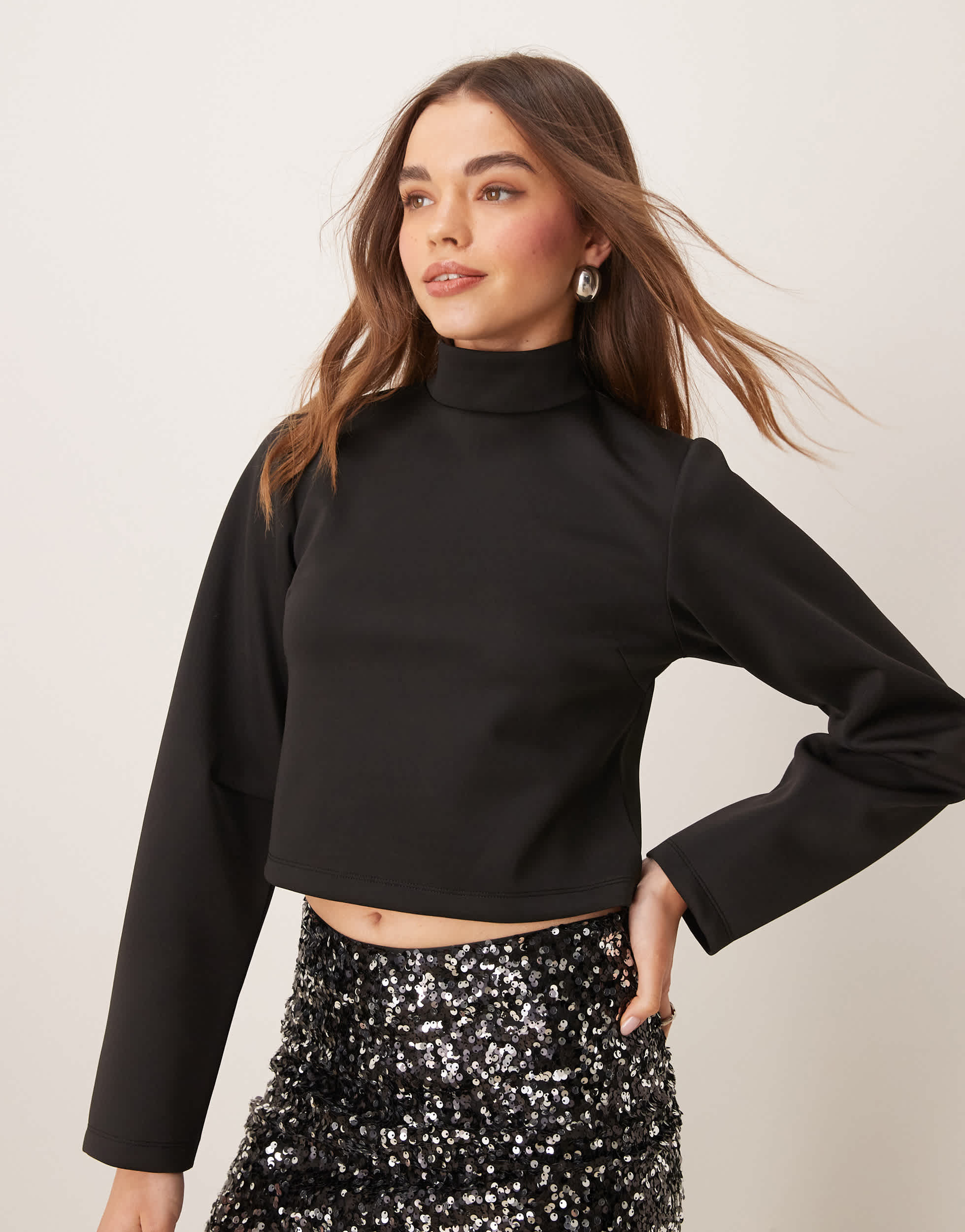 ASOS DESIGN scuba-style fabric high neck cropped top with cocoon sleeve in black