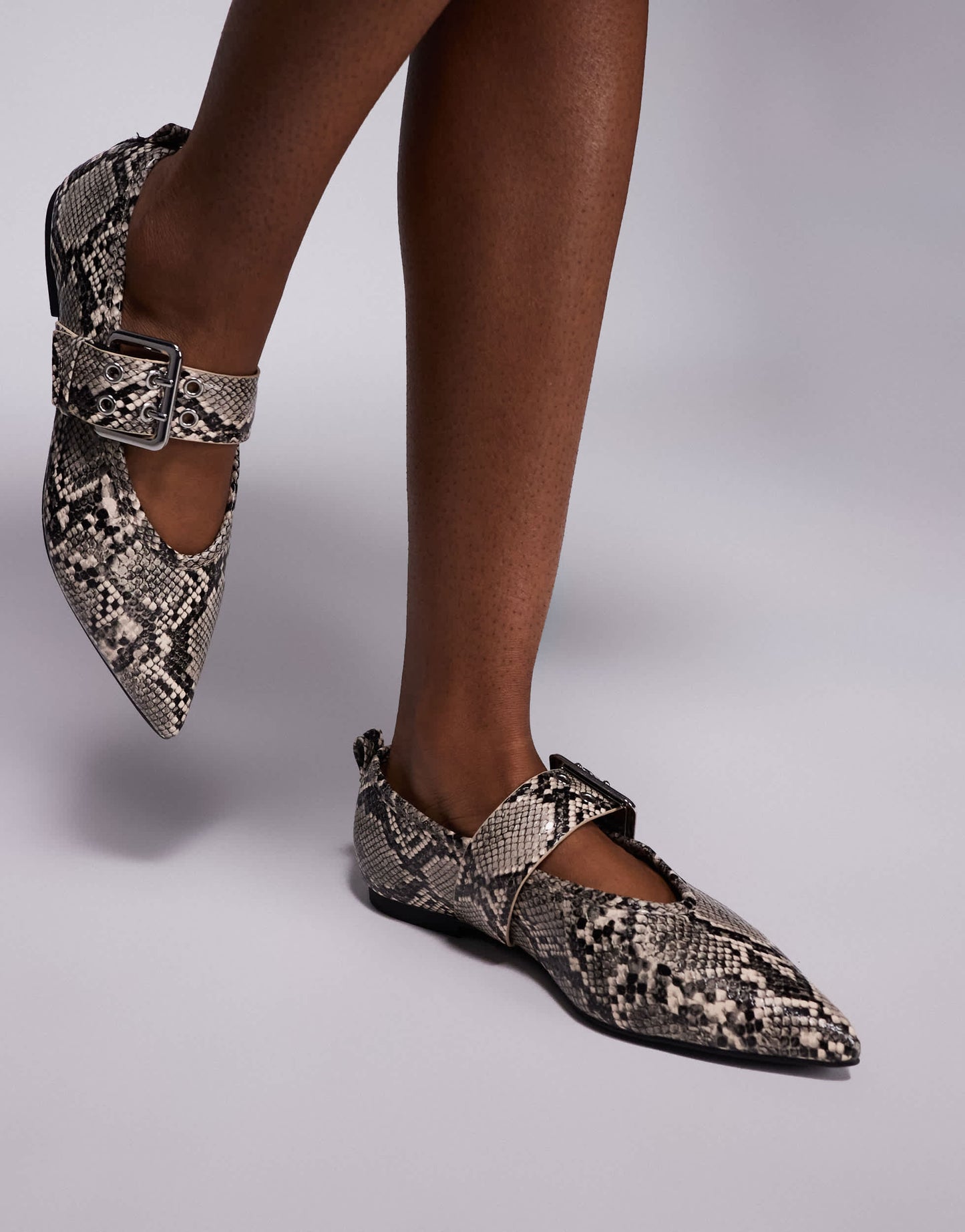 River Island pointed buckle detail ballet shoe in snake print