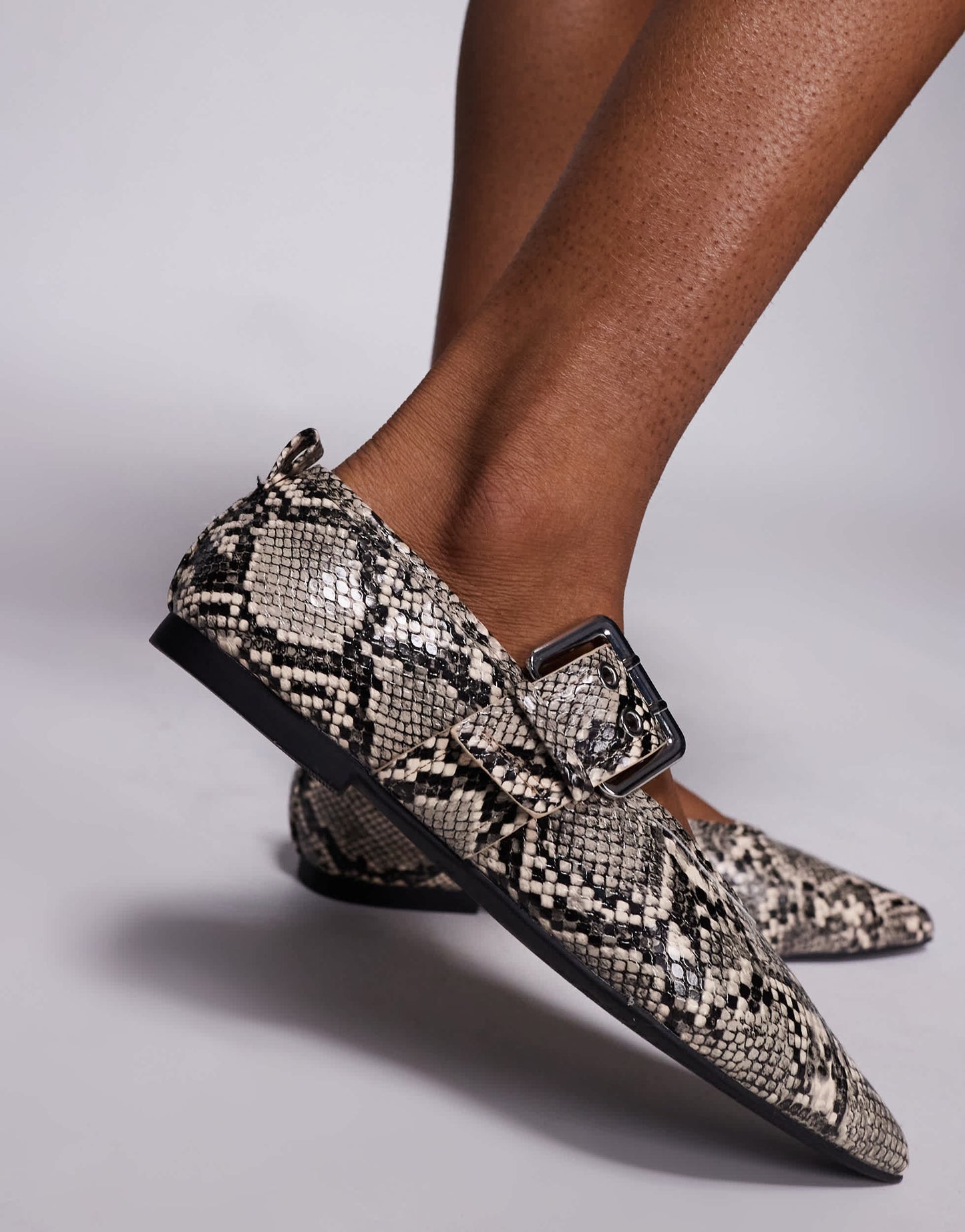 River Island pointed buckle detail ballet shoe in snake print