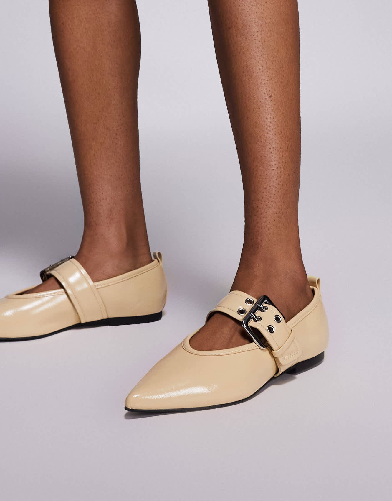 River Island pointed buckle detail ballet shoe in butter yellow