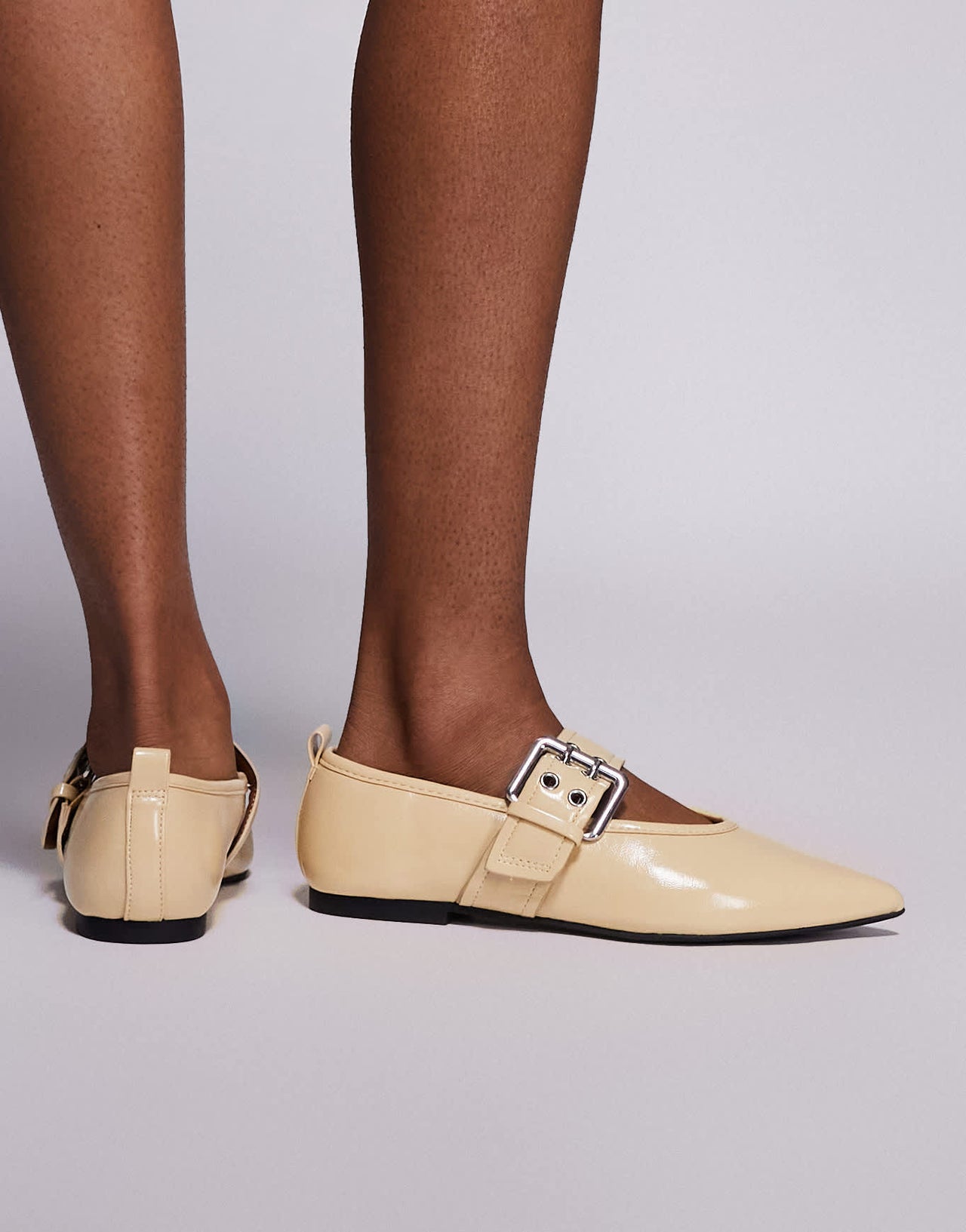 River Island pointed buckle detail ballet shoe in butter yellow