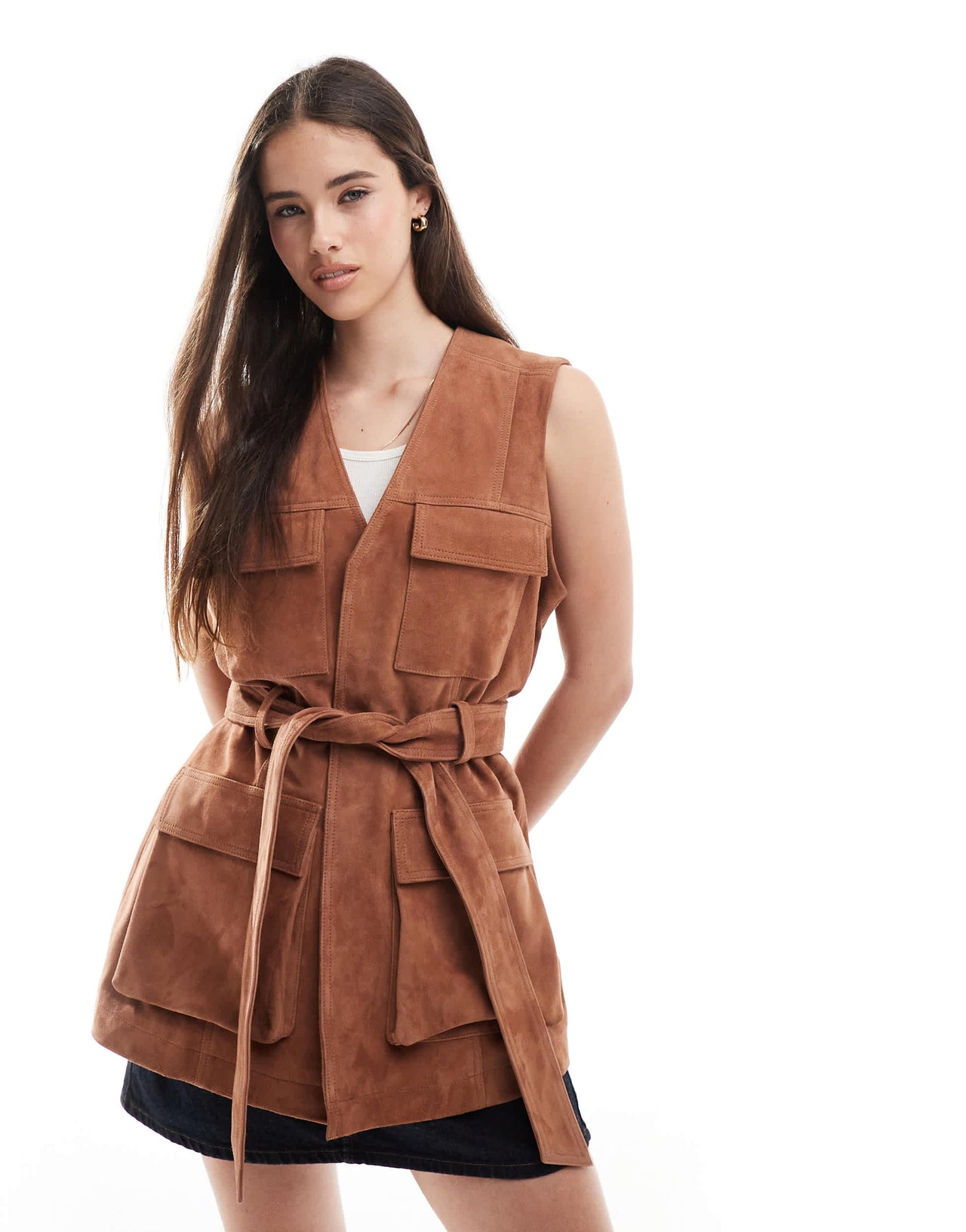 ASOS DESIGN premium suede trucker belted waistcoat in tan