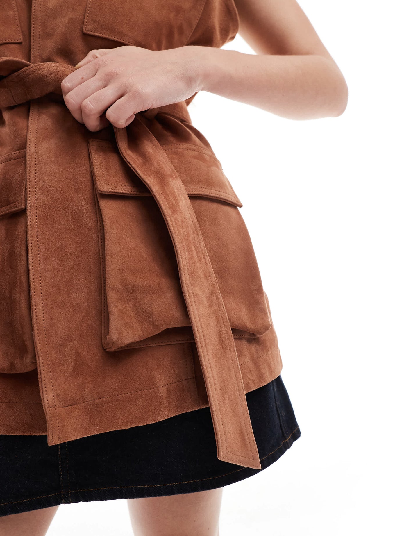 ASOS DESIGN premium suede trucker belted waistcoat in tan