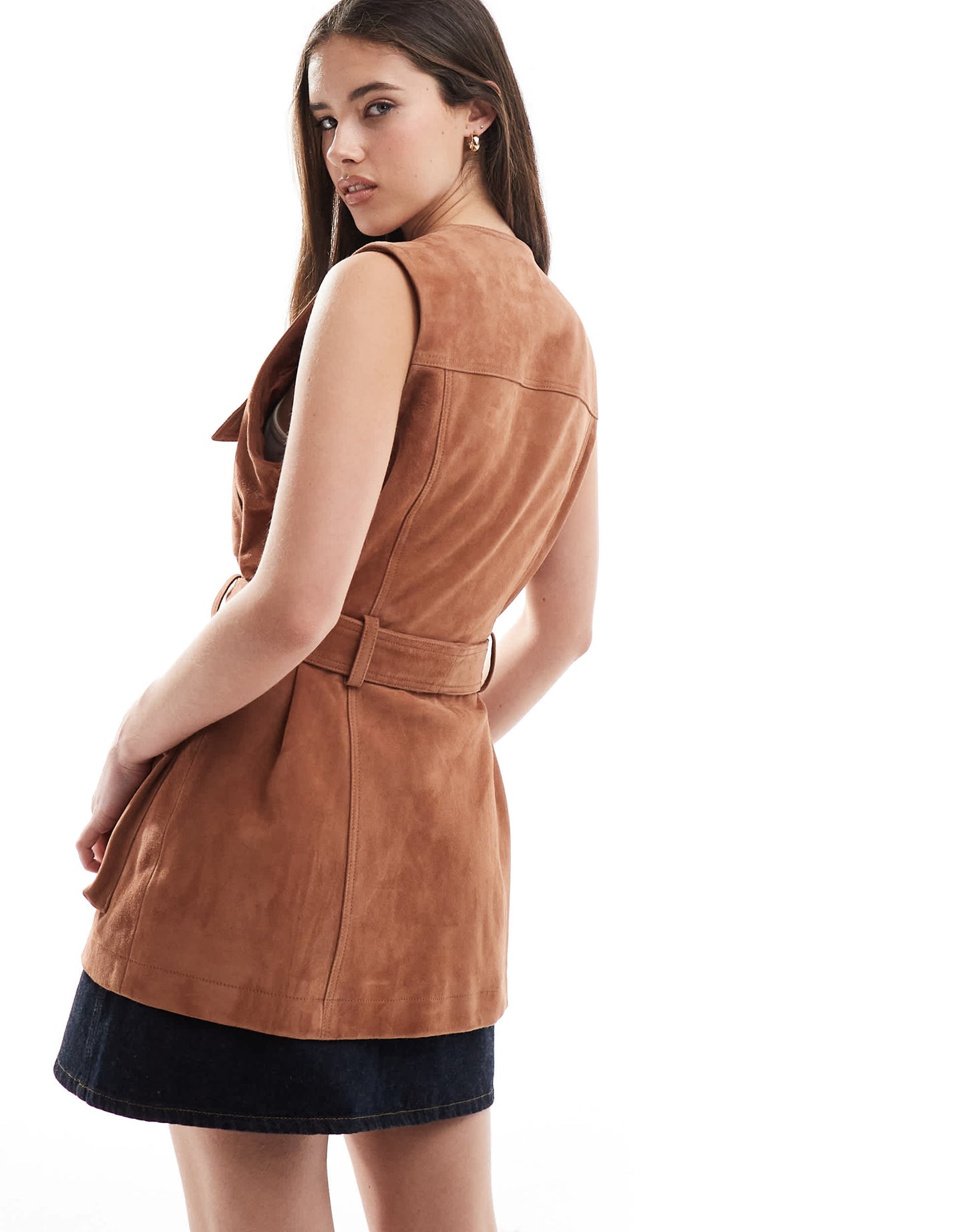 ASOS DESIGN premium suede trucker belted waistcoat in tan