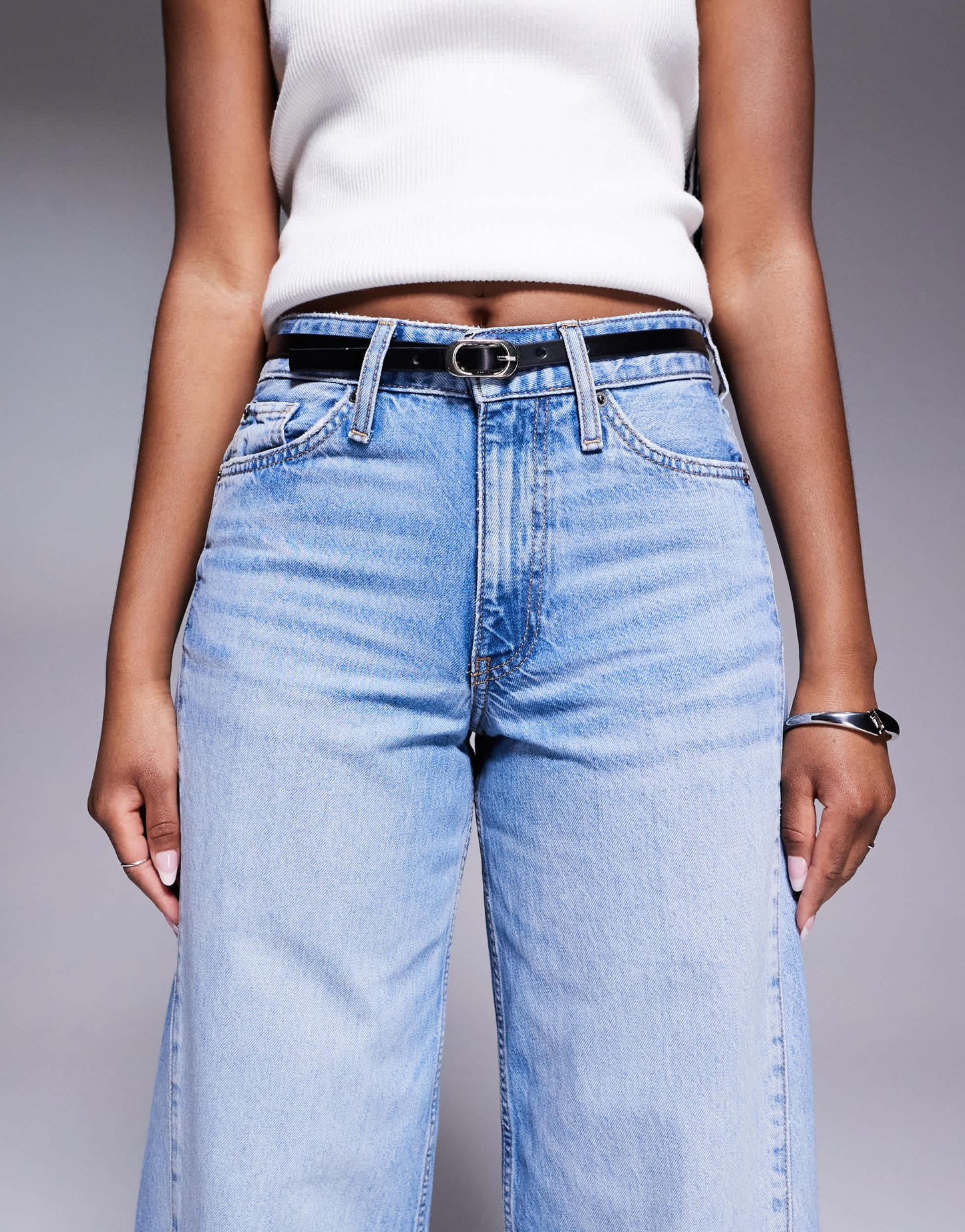 River Island wide leg jean with detachable belt in lightwash blue