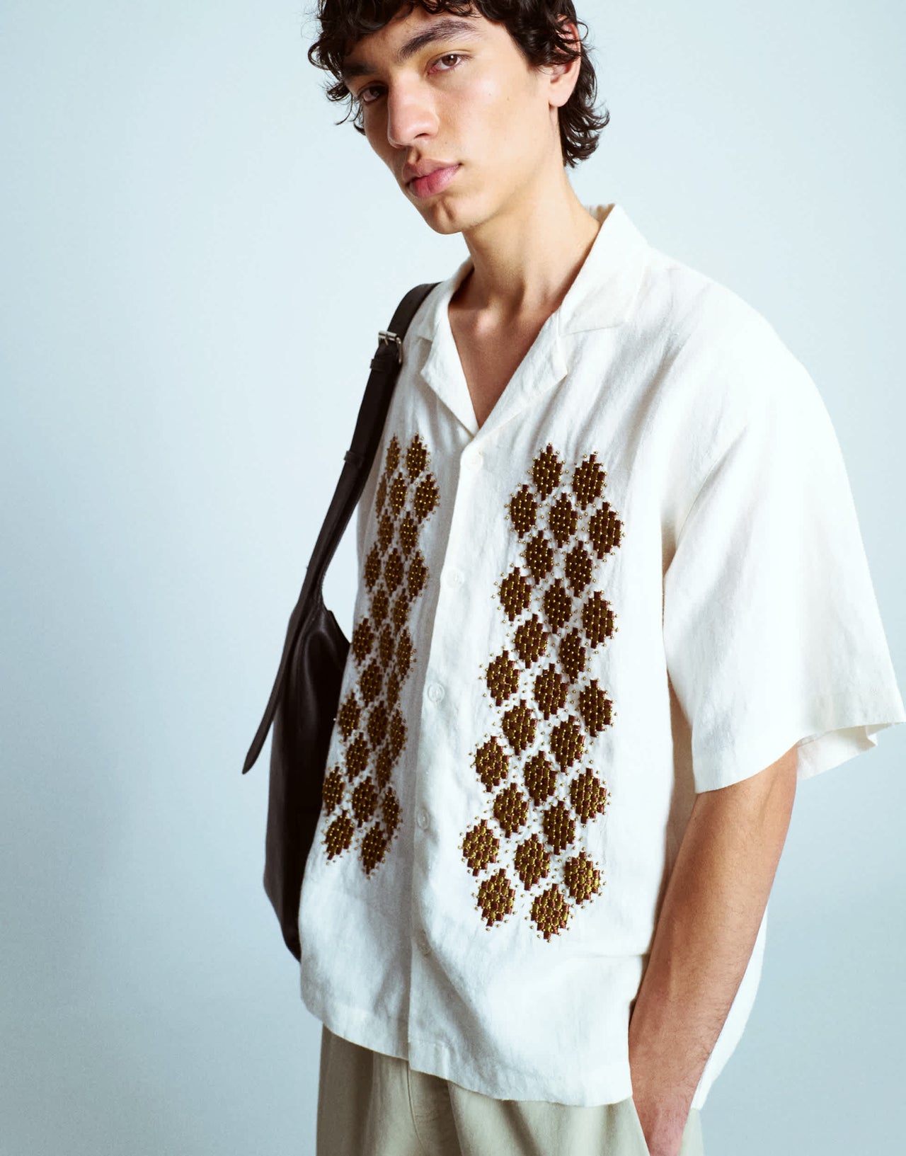 Topman premium beaded crochet shirt in ecru